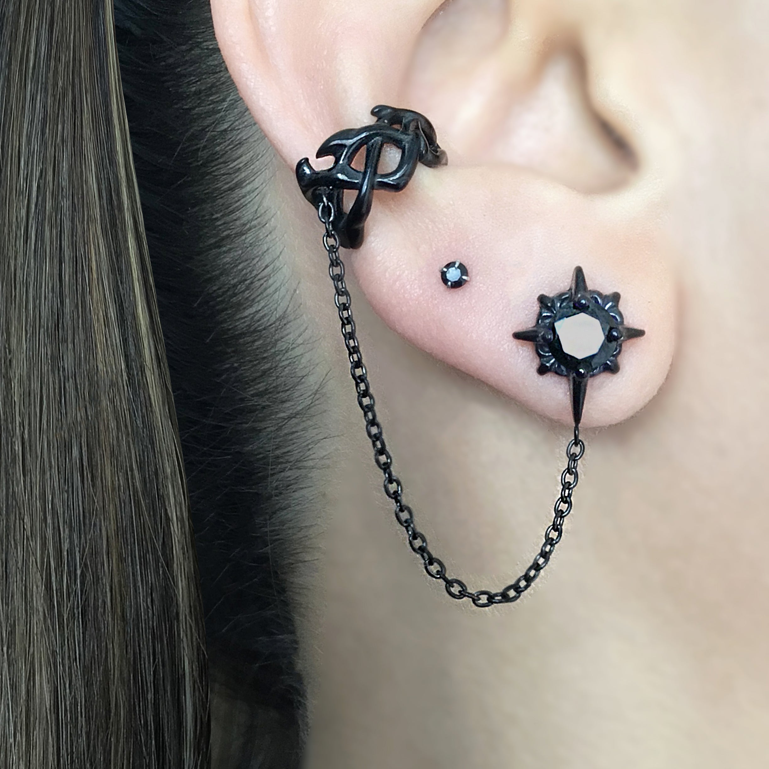 Starburst earring with ear cuff attached in Silver