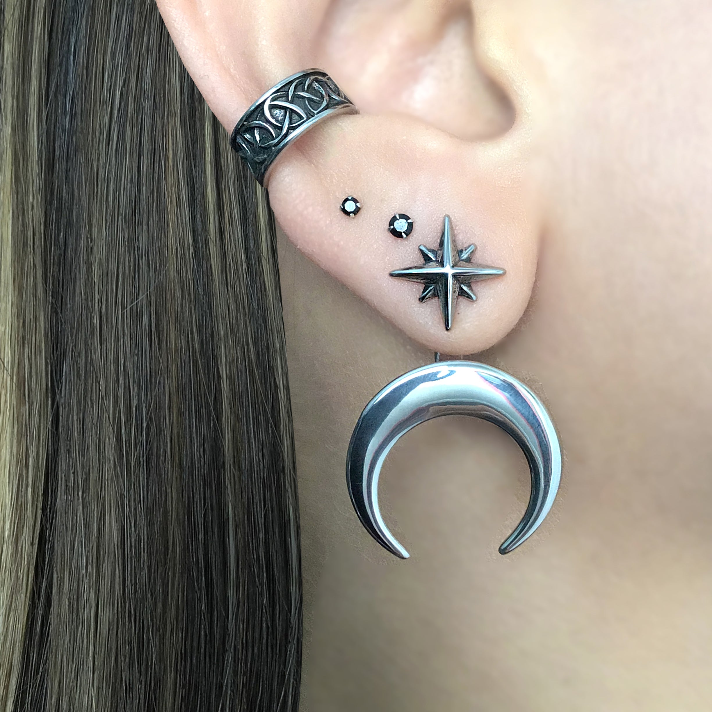 North Star and Moon front back earrings in Silver