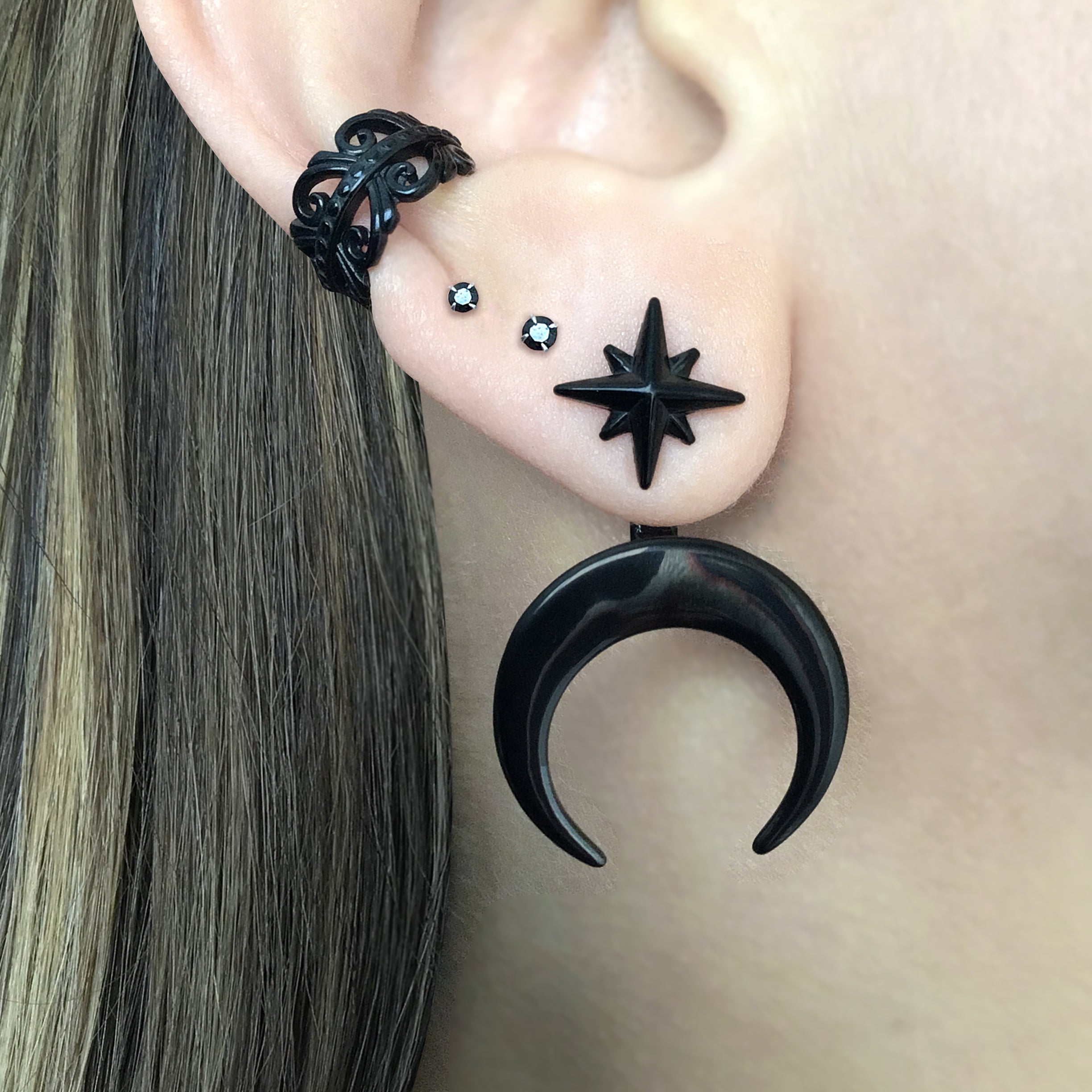 North Star and Moon front back earrings in Silver