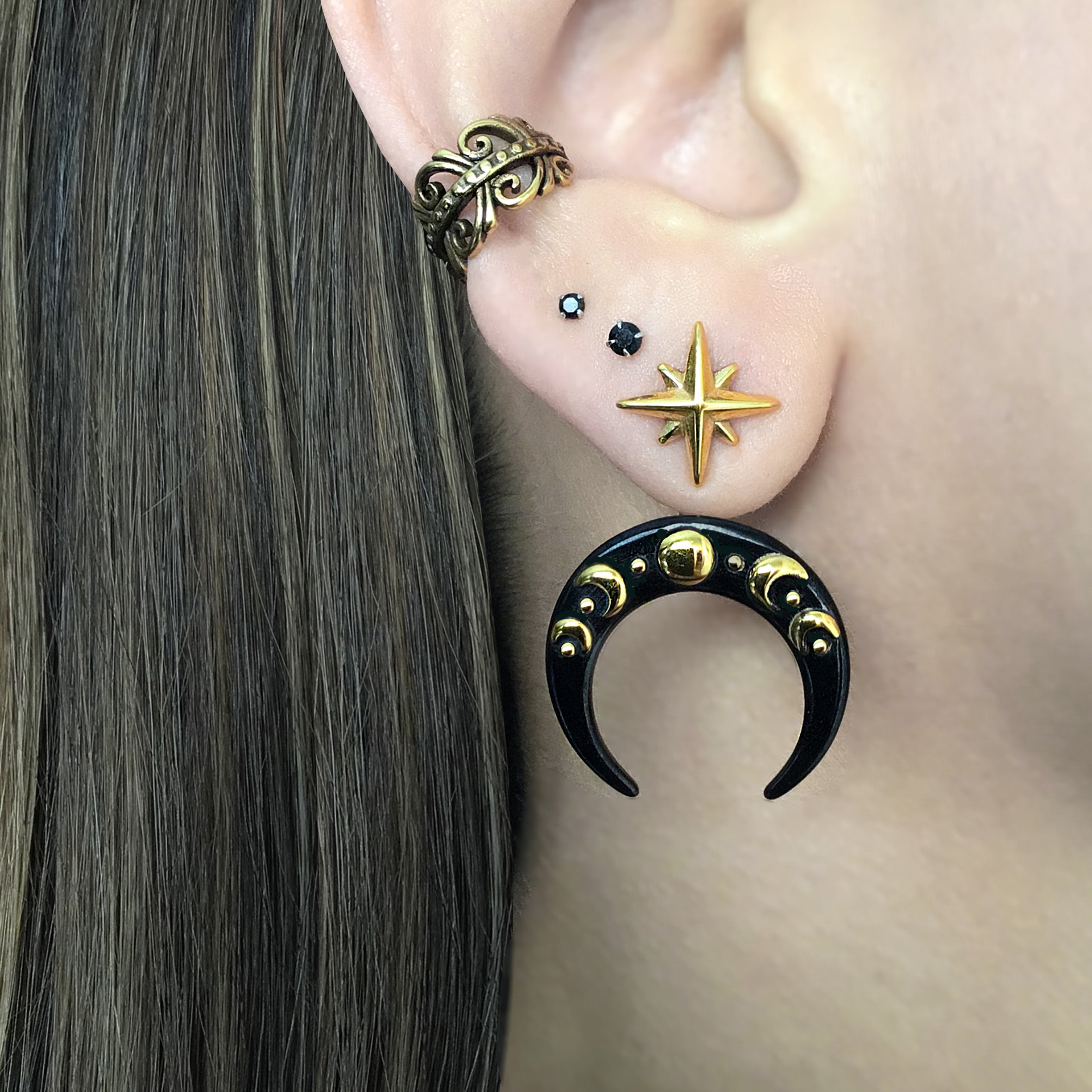 Moon phase and star front back earrings
