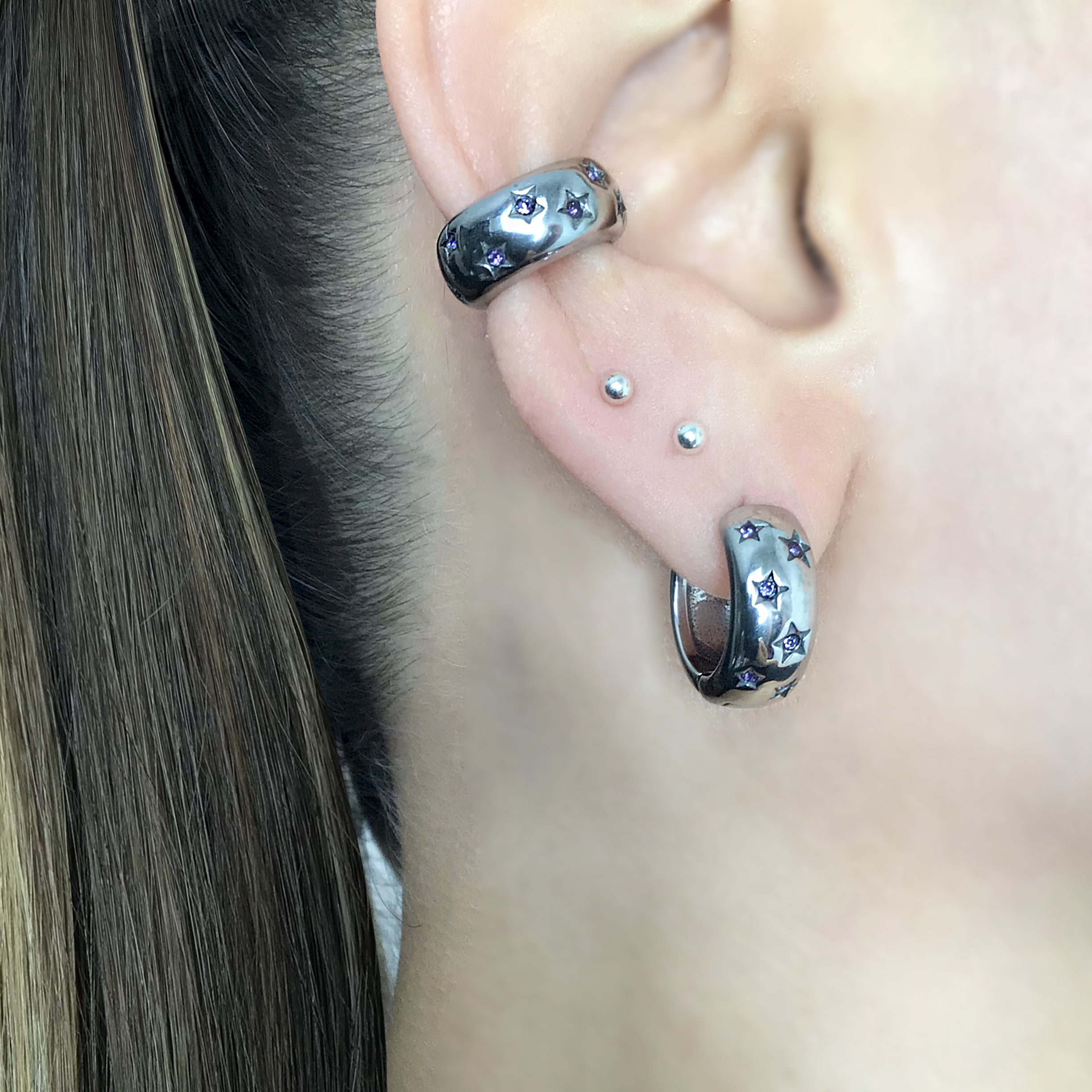 Hoops with Stars and Purple CZ