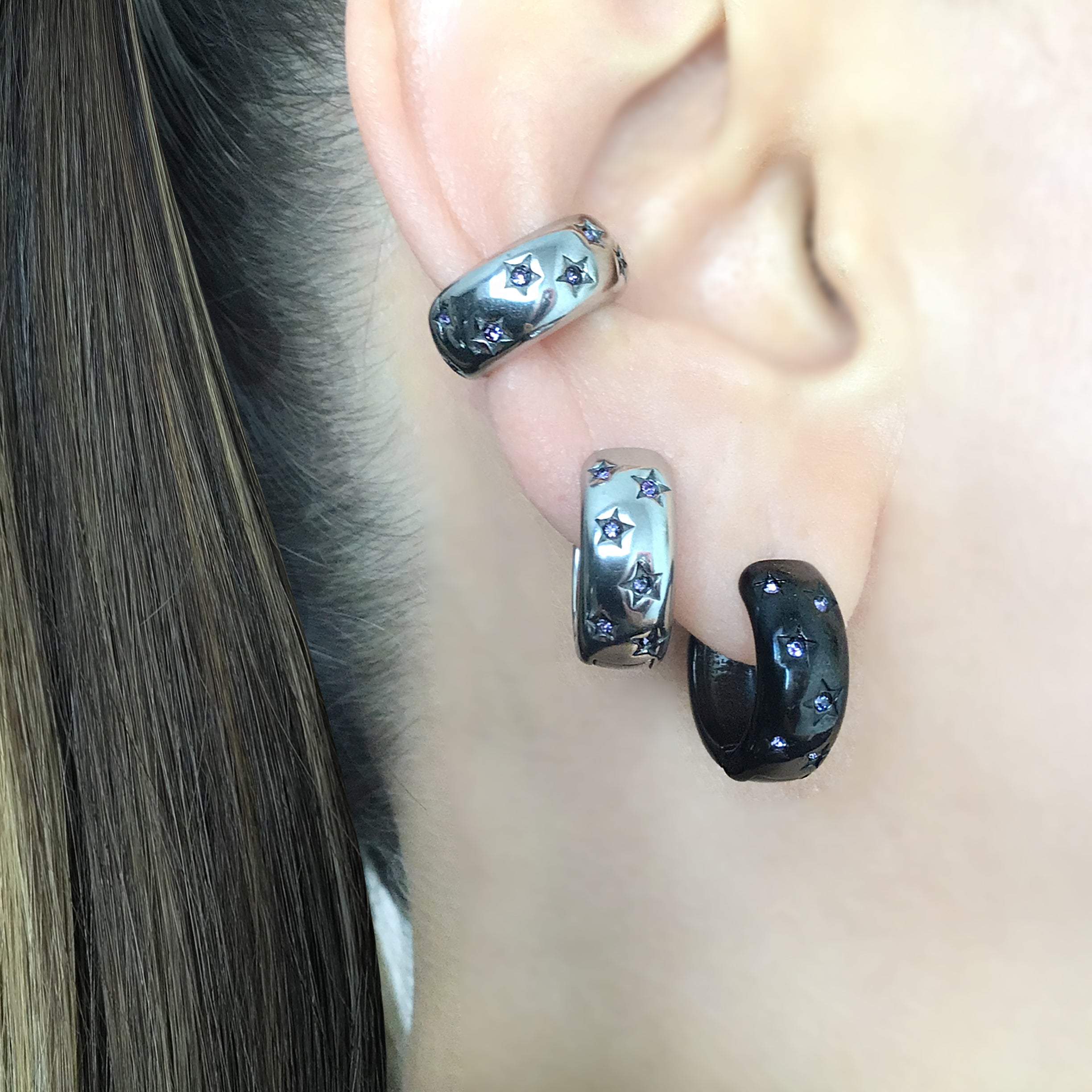 Hoops with Stars and Purple CZ