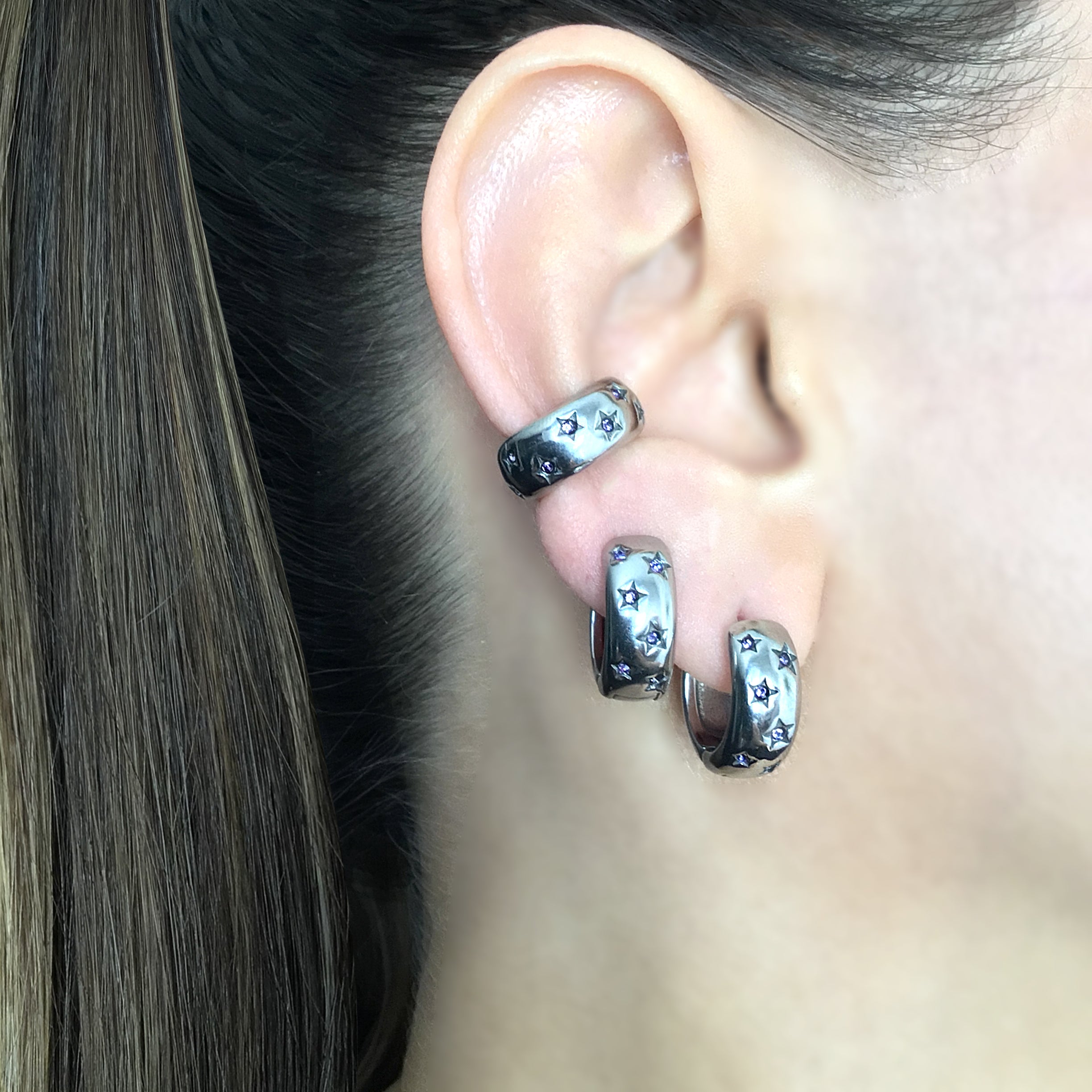 Hoops with Stars and Purple CZ