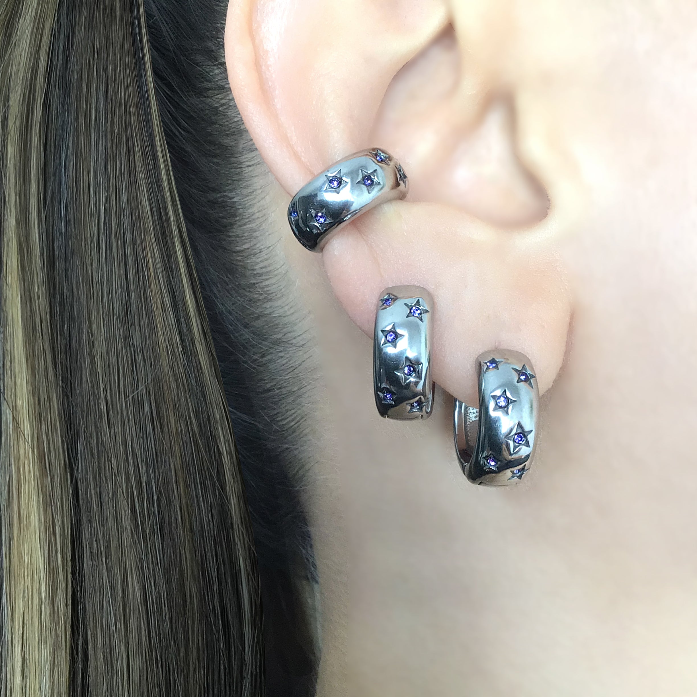 Hoops with Stars and Purple CZ