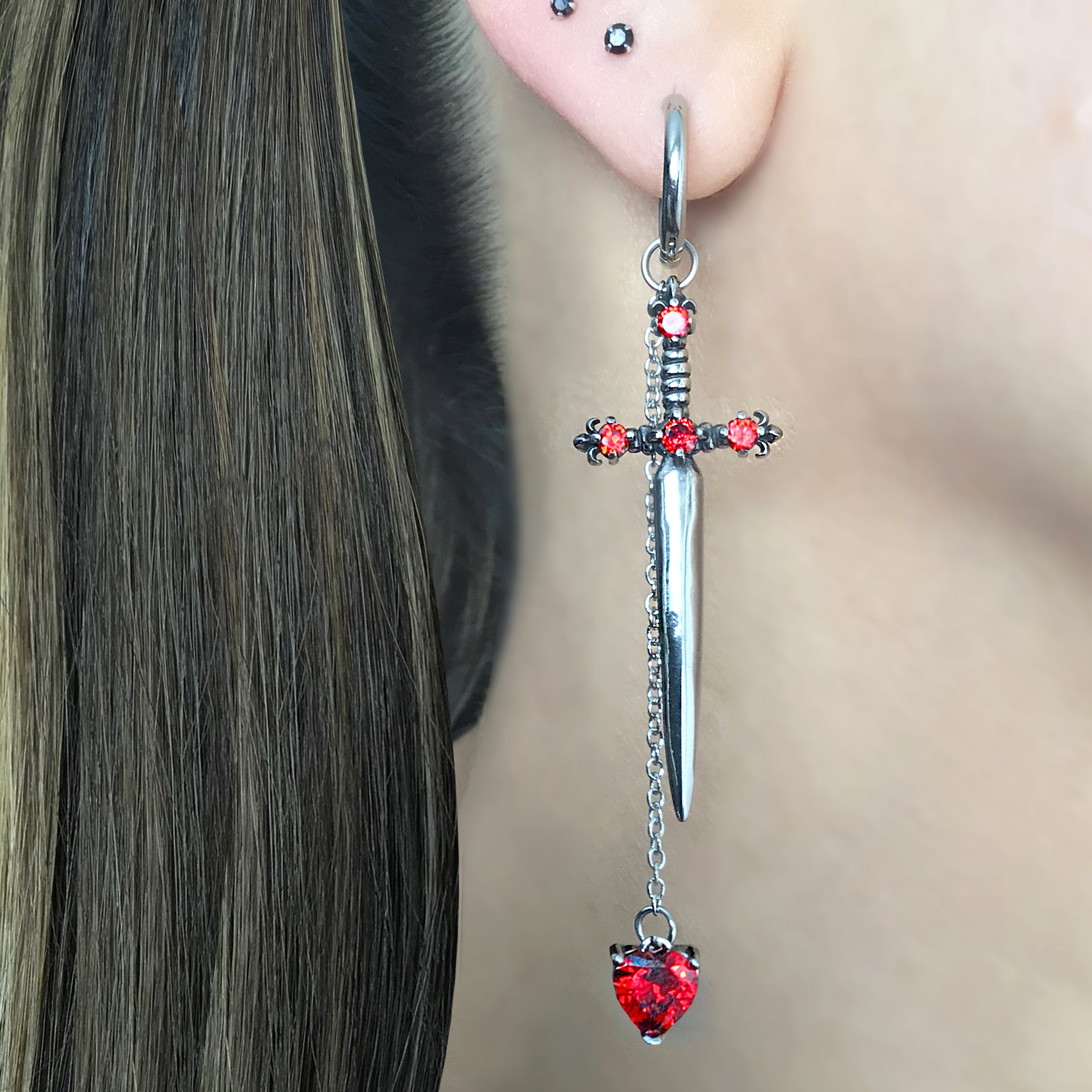 Sword with Heart hoop earrings in Silver