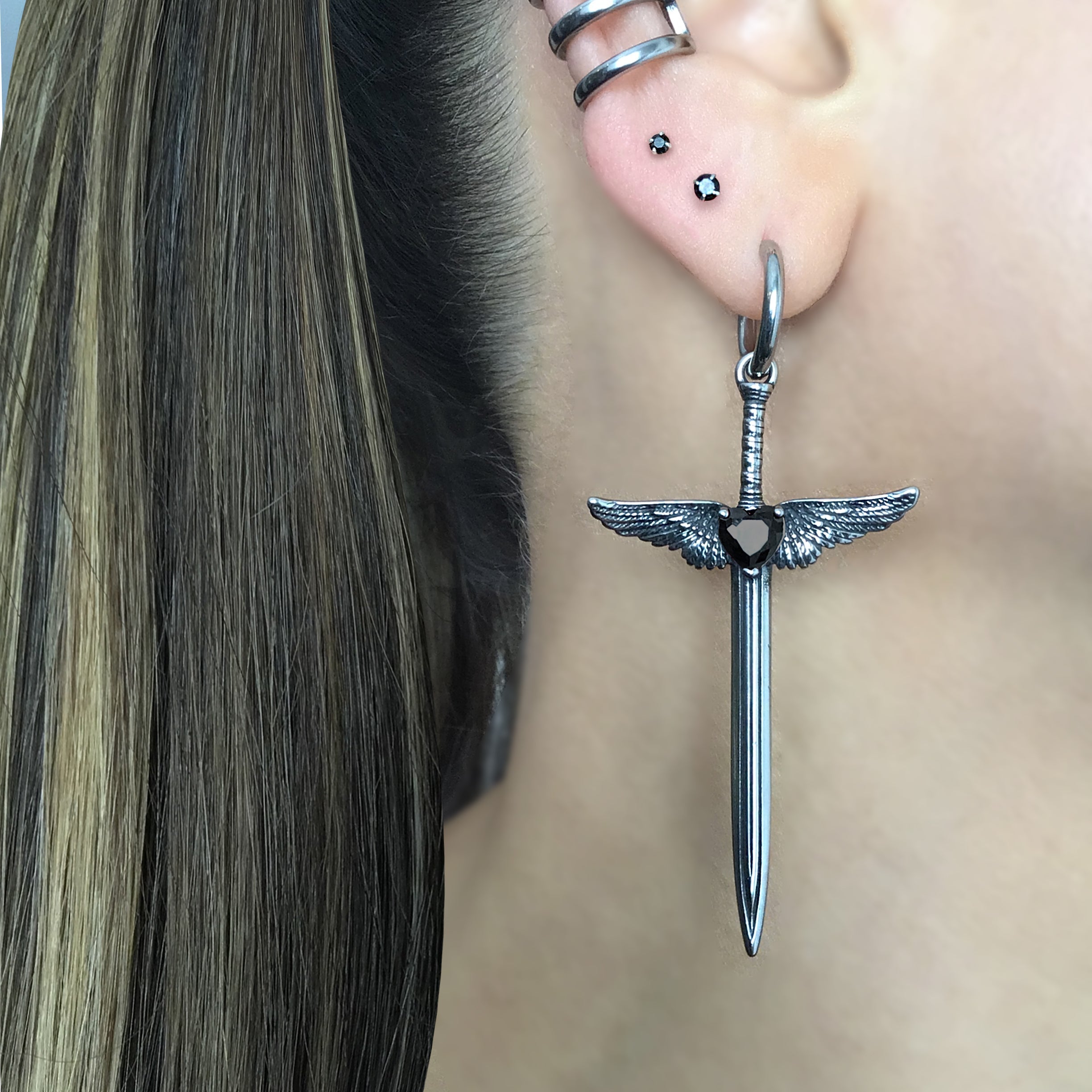 Sword with Wings and Black Heart hoop earrings