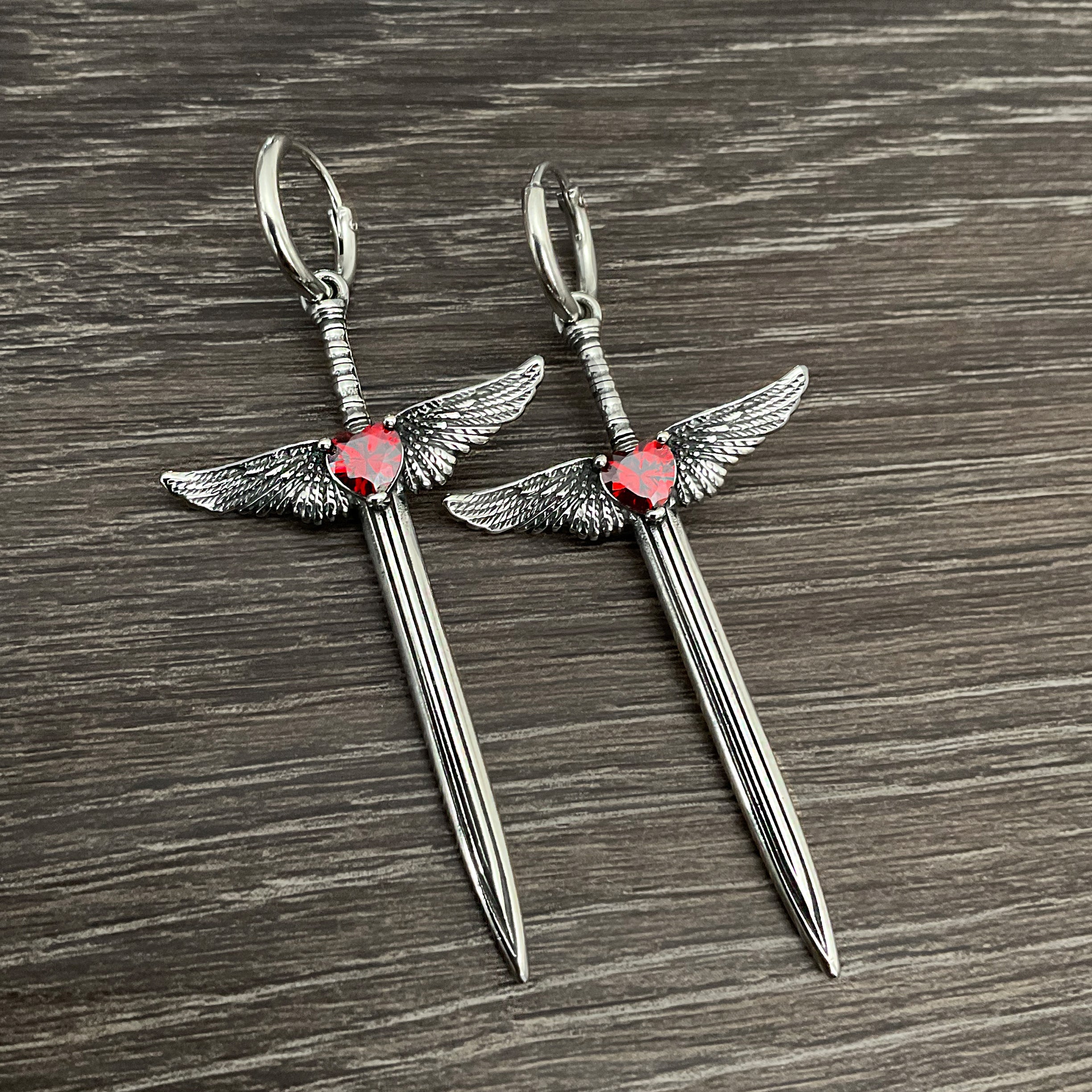 Sword with Wings and Black Heart hoop earrings