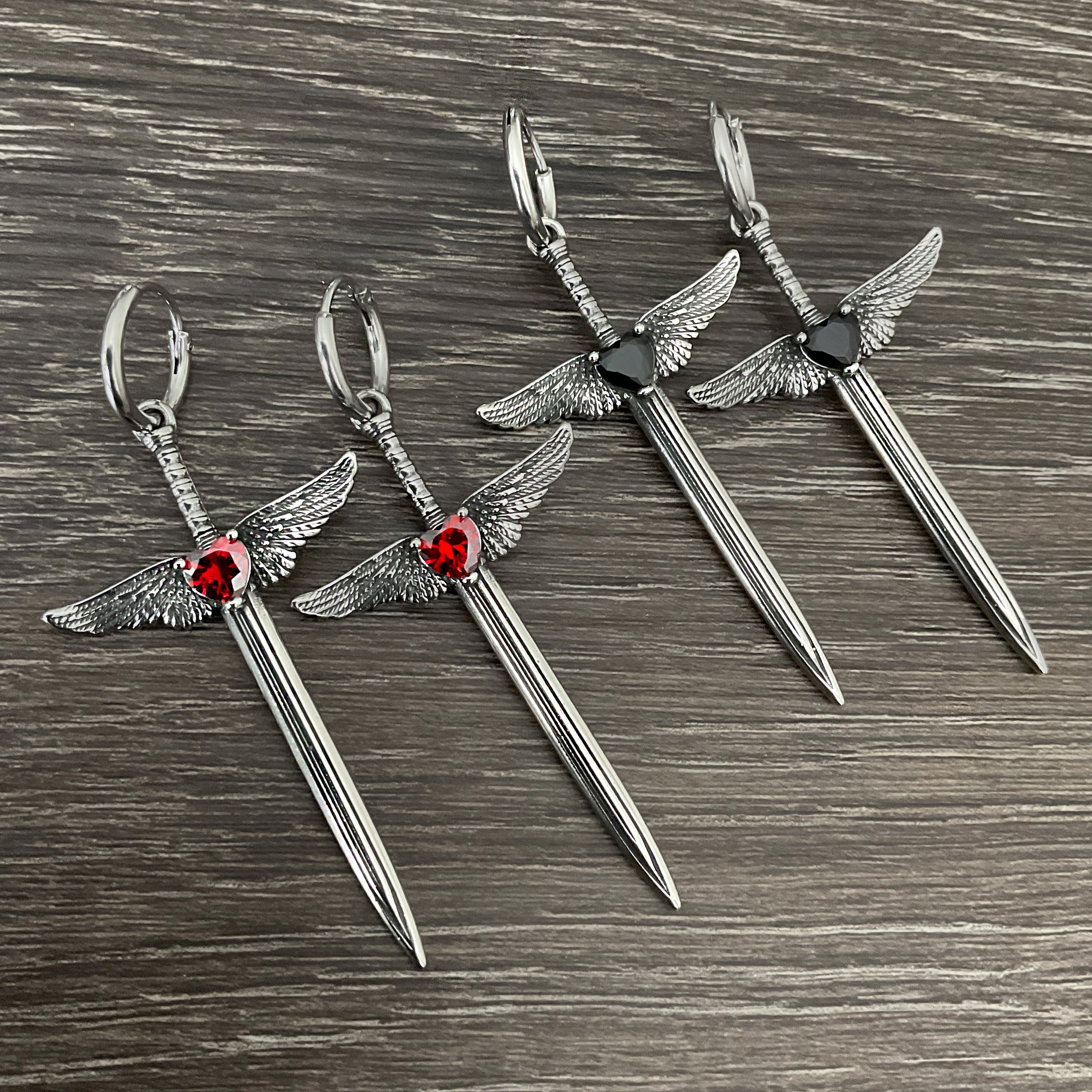 Sword with Wings and Red Heart hoop earrings