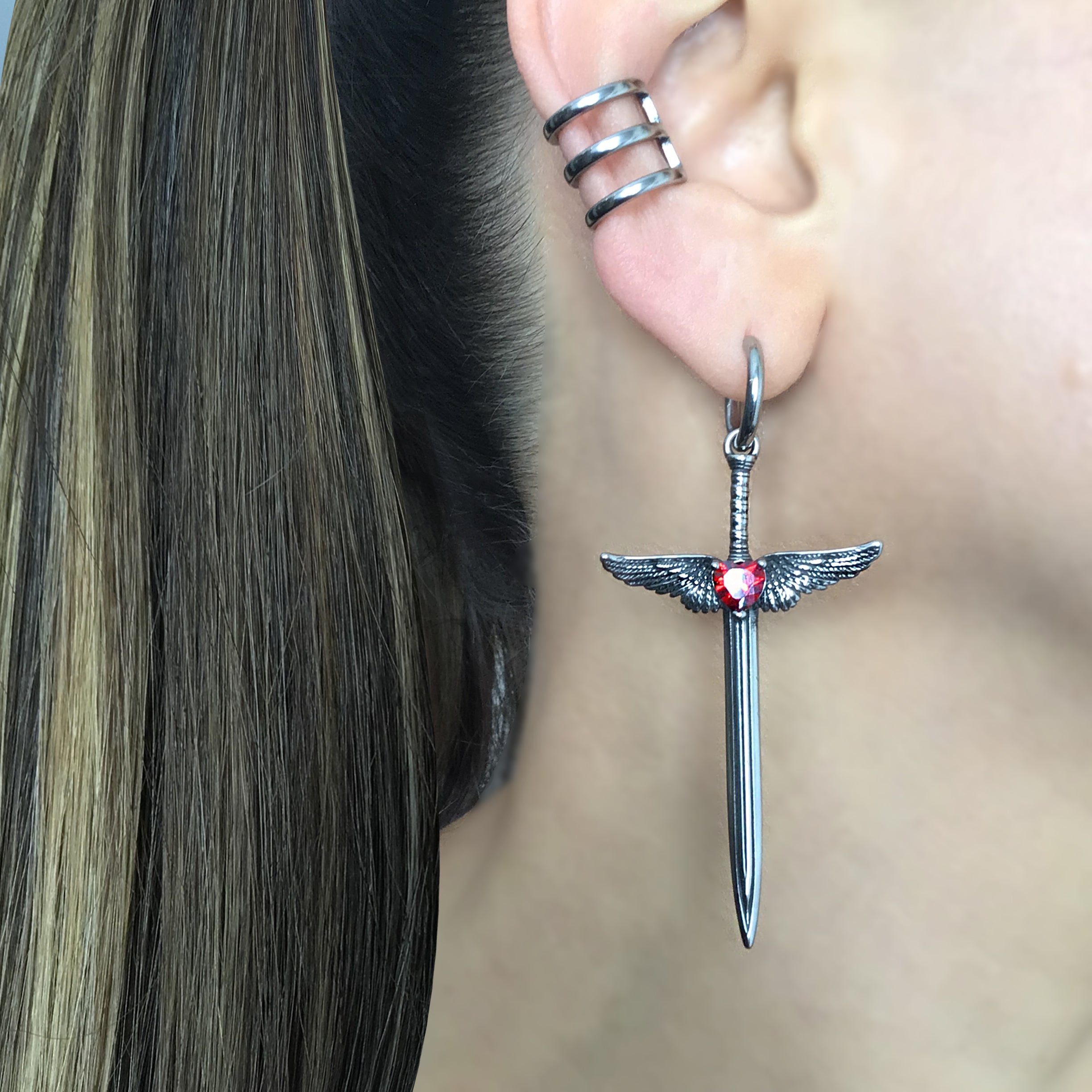 Sword with Wings and Red Heart hoop earrings