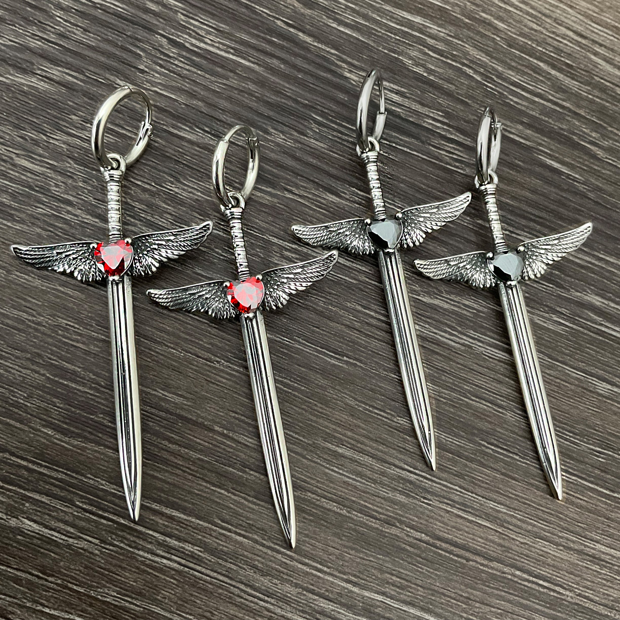 Sword with Wings and Red Heart hoop earrings