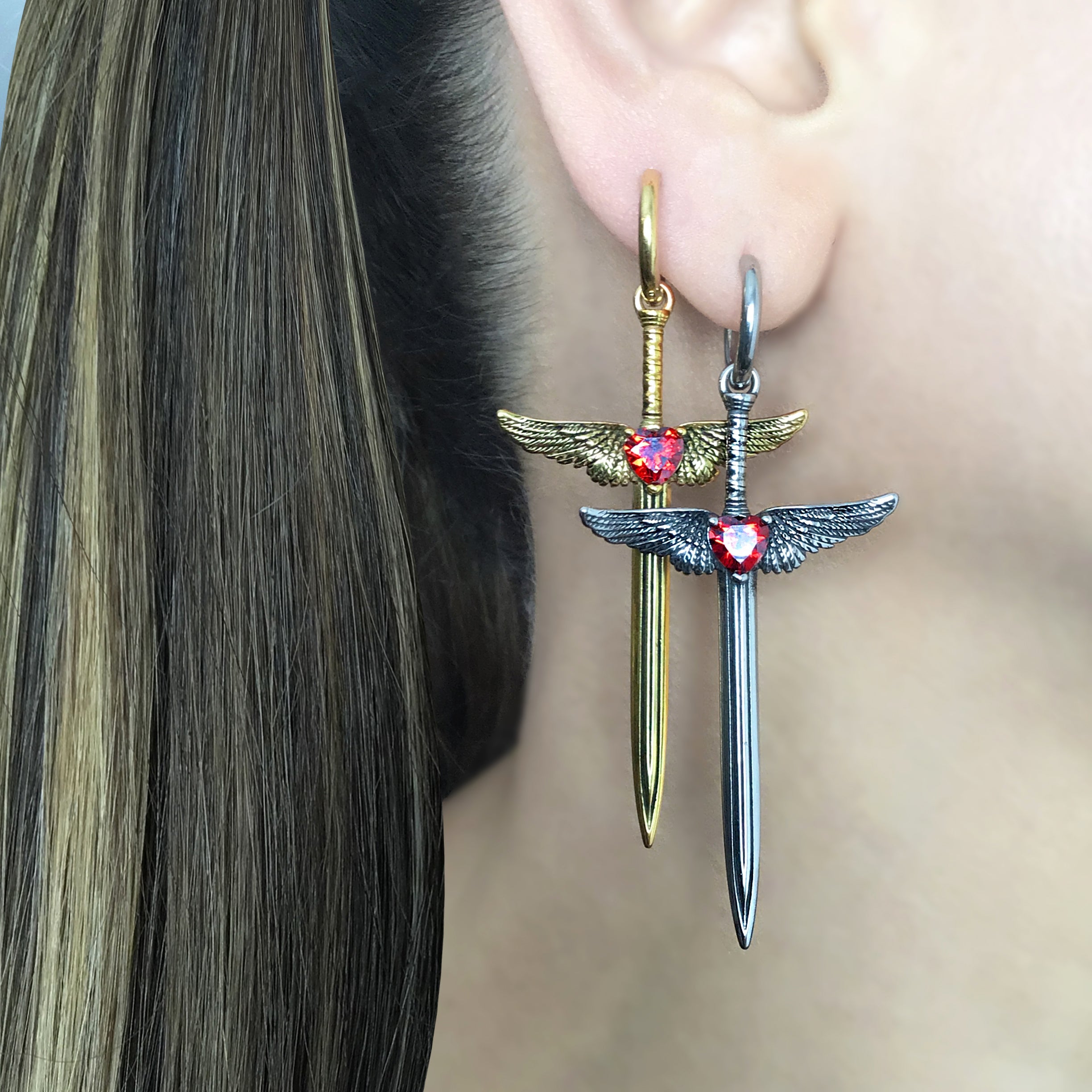 Sword with Wings and Black Heart hoop earrings