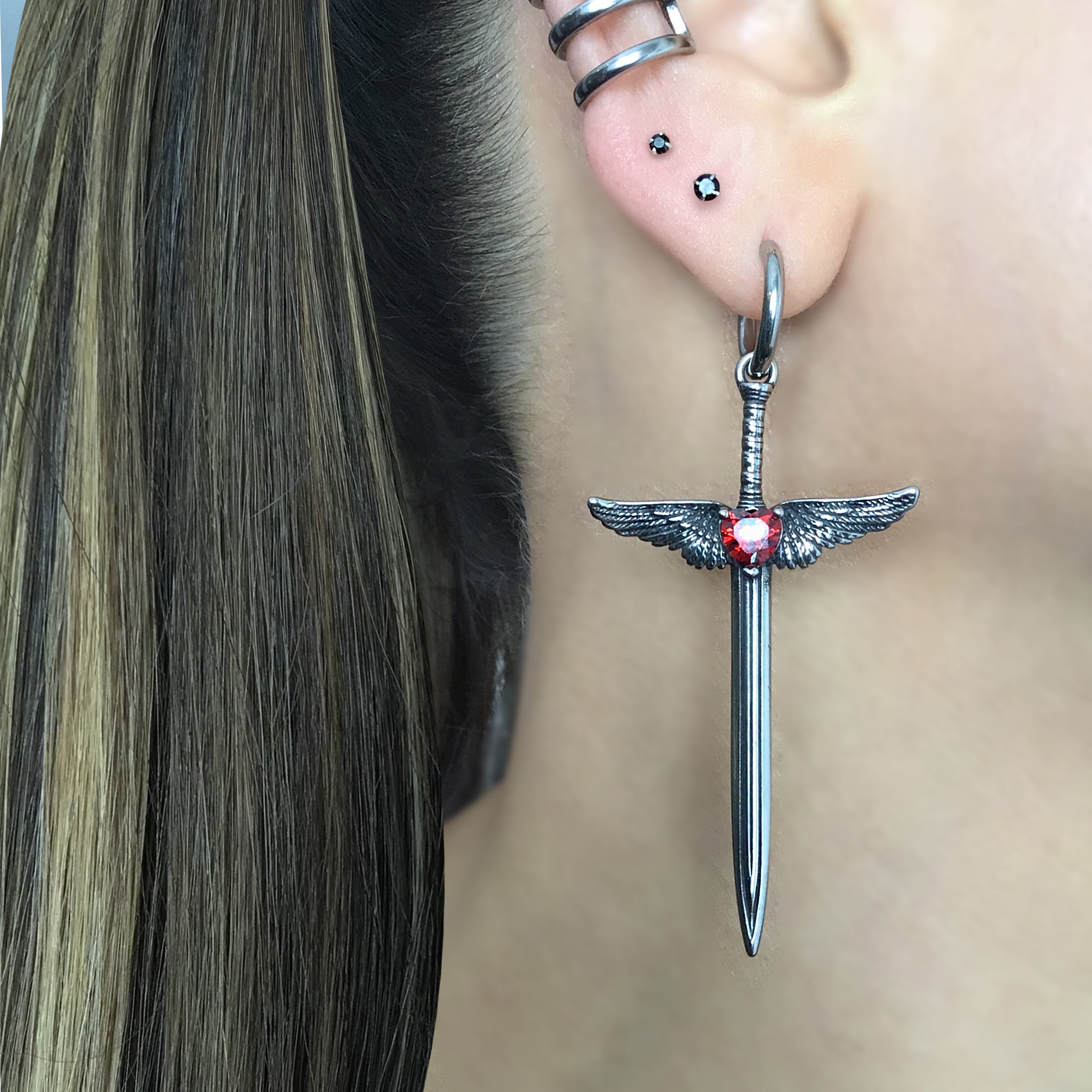 Sword with Wings and Black Heart hoop earrings