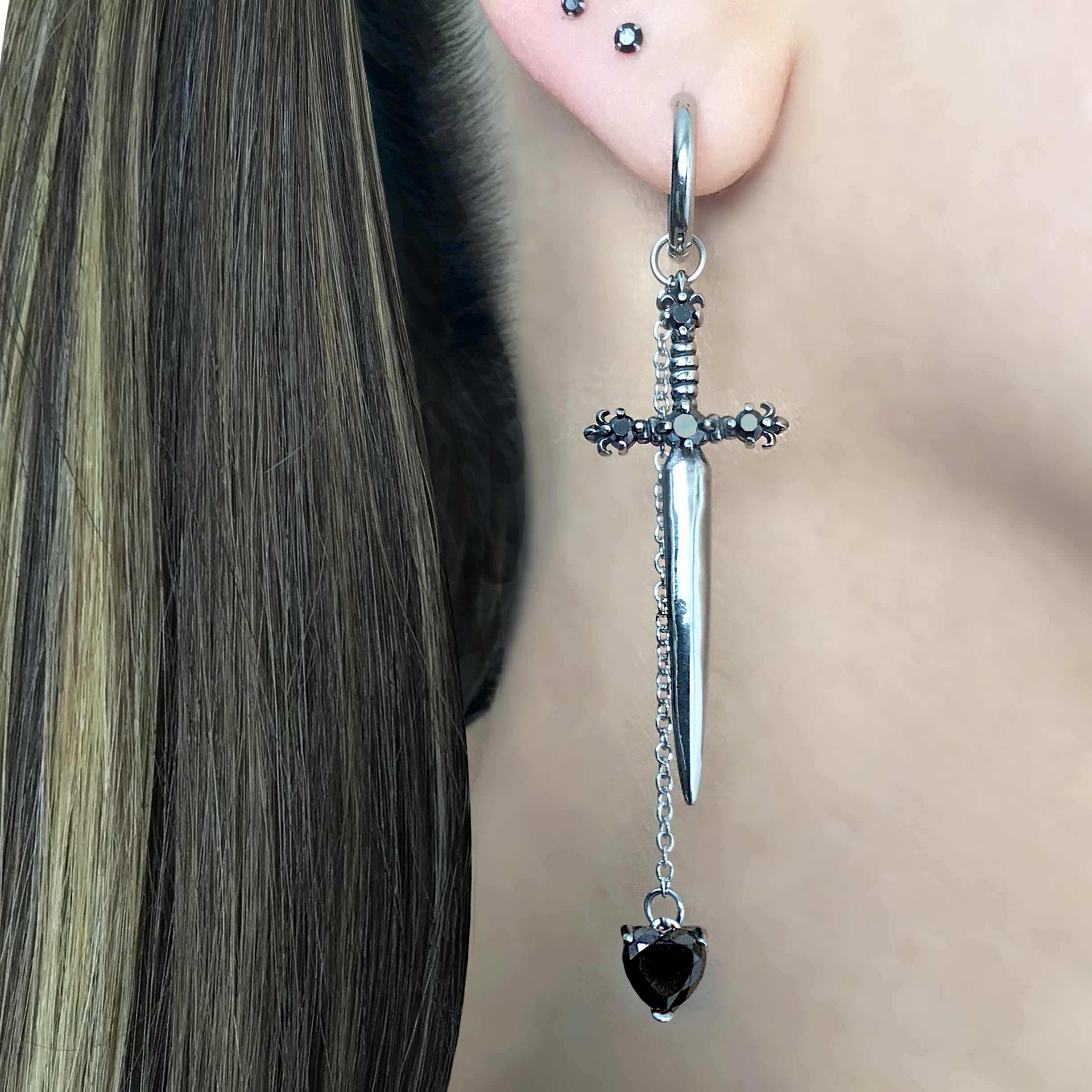 Sword with Heart hoop earrings in Silver