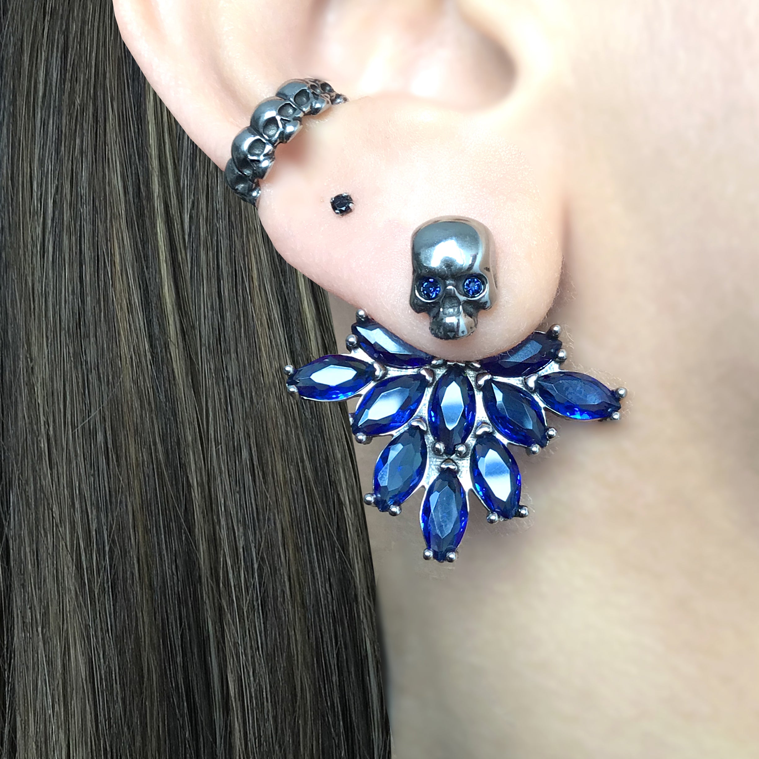 Skull and Crystals ear jacket in Blue