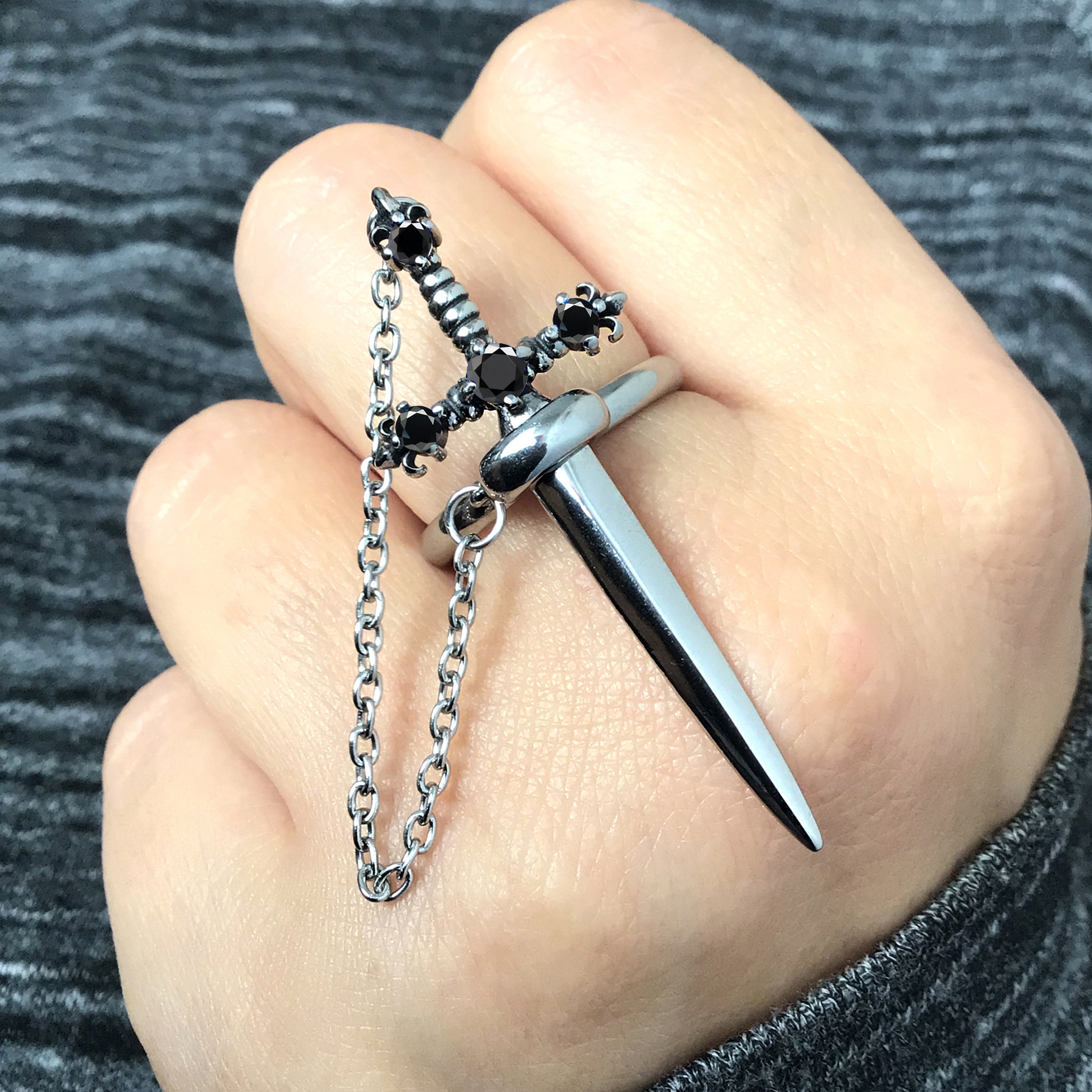 Fleur Sword ring Black  CZ