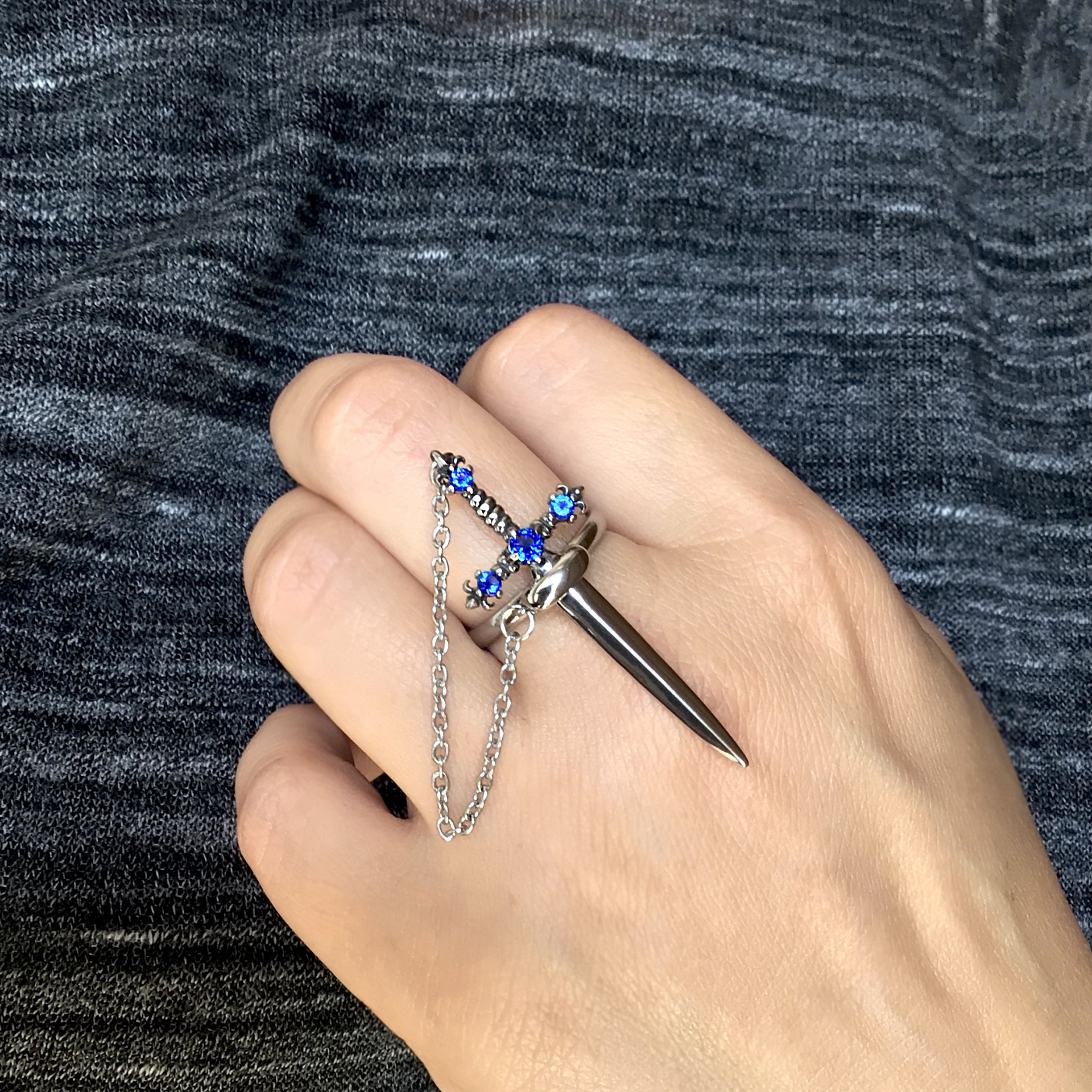 Fleur Sword ring with Sapphire CZ stones