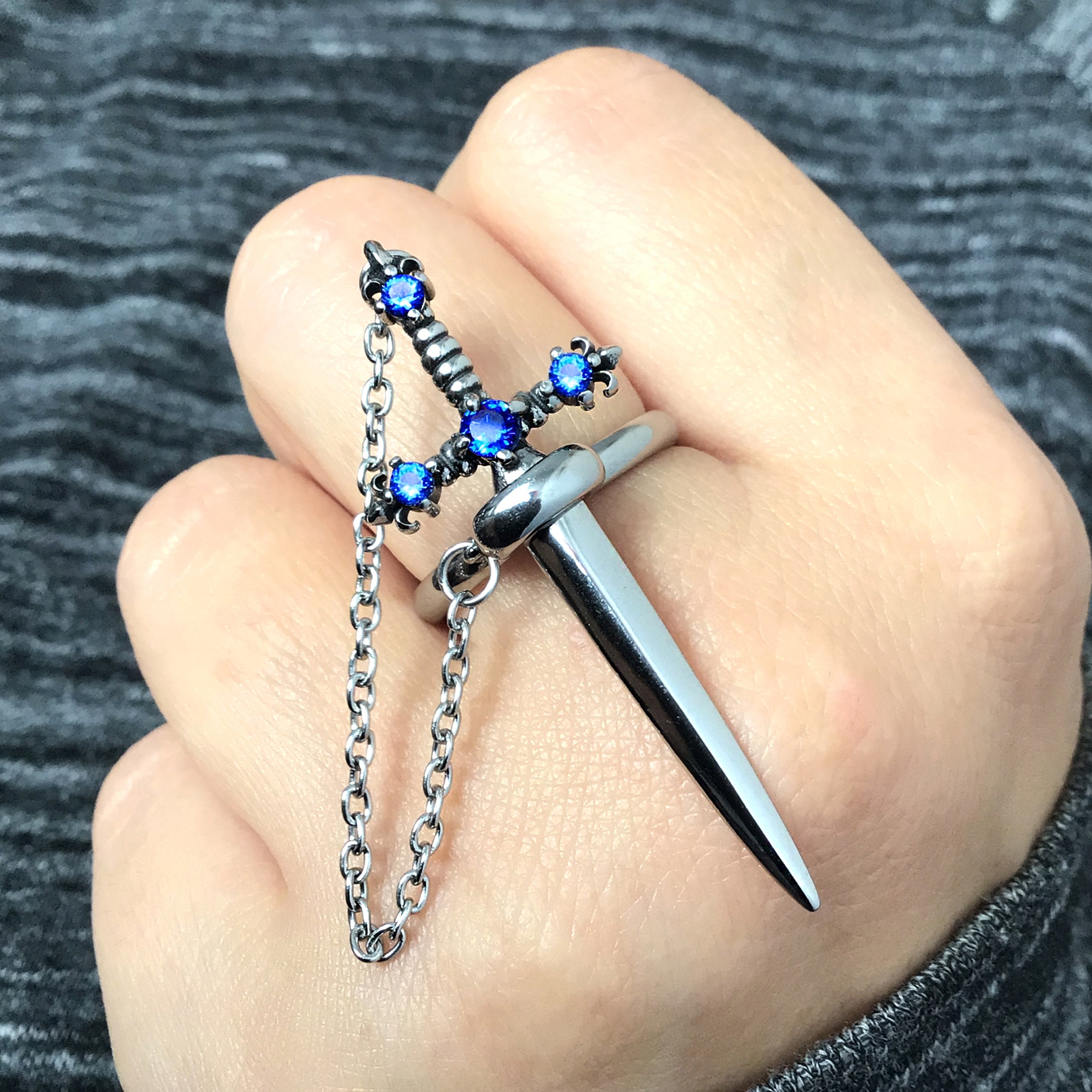 Fleur Sword ring with Sapphire CZ stones