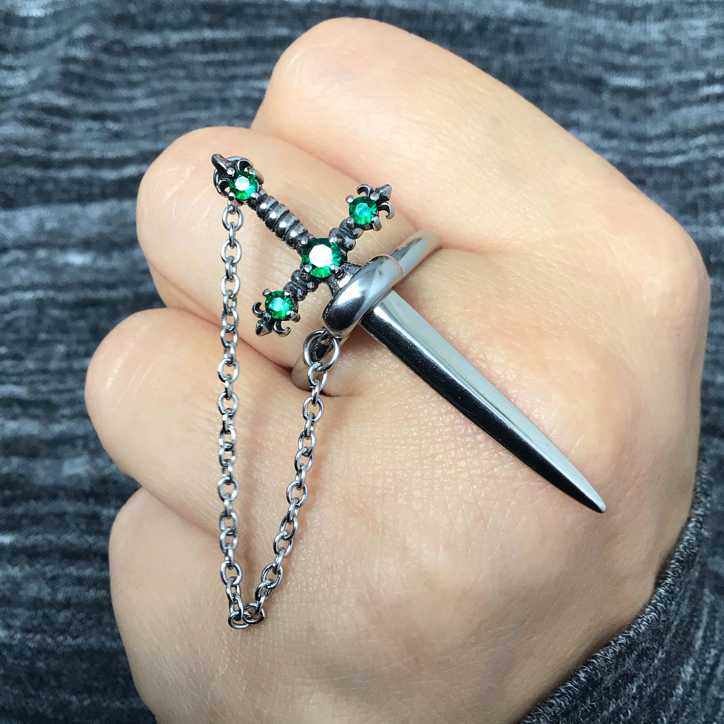 Fleur Sword ring with Emerald CZ stones