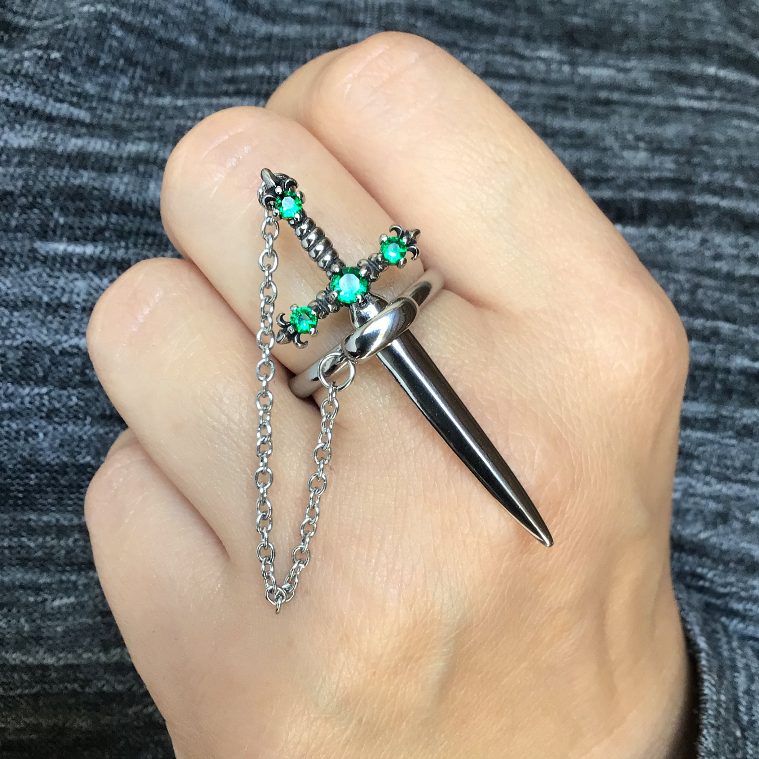 Fleur Sword ring with Emerald CZ stones