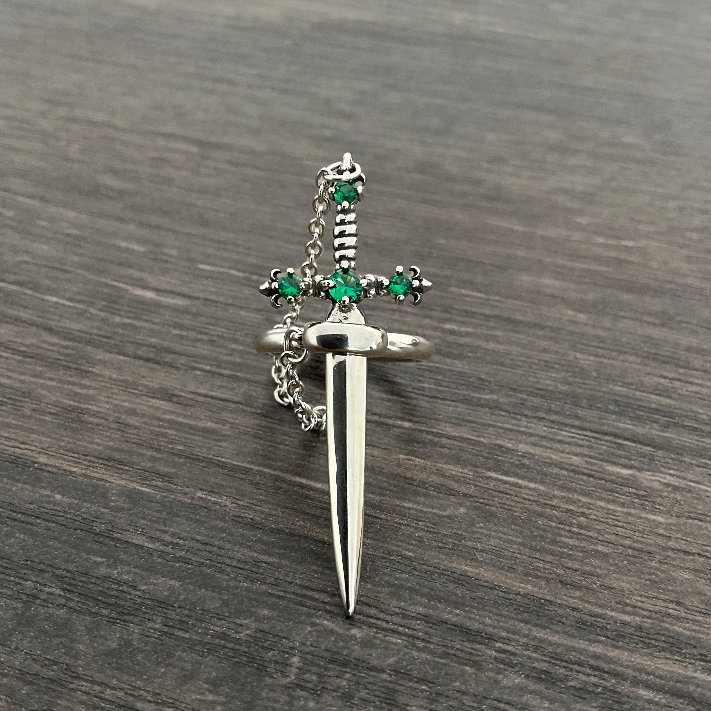 Fleur Sword ring with Emerald CZ stones