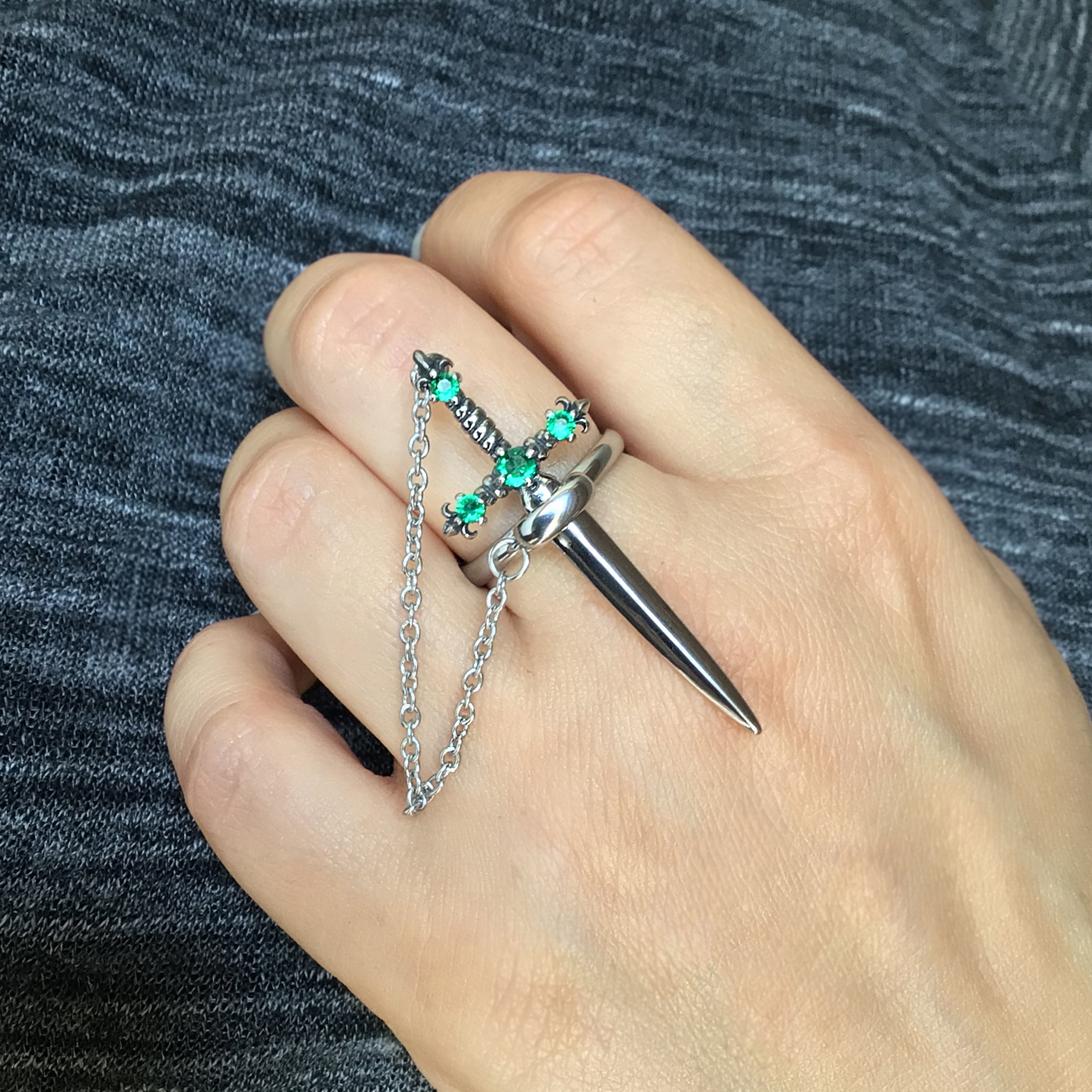 Fleur Sword ring with Emerald CZ stones