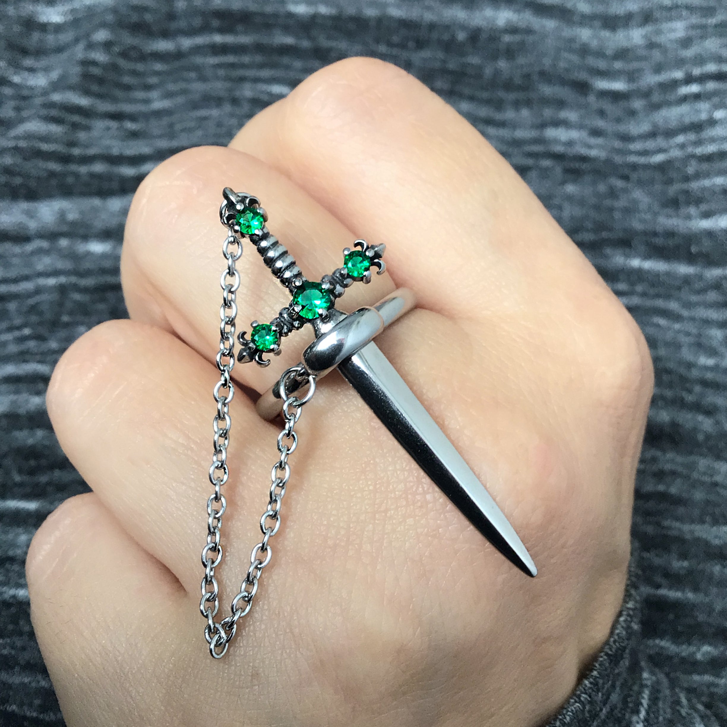 Fleur Sword ring with Emerald CZ stones