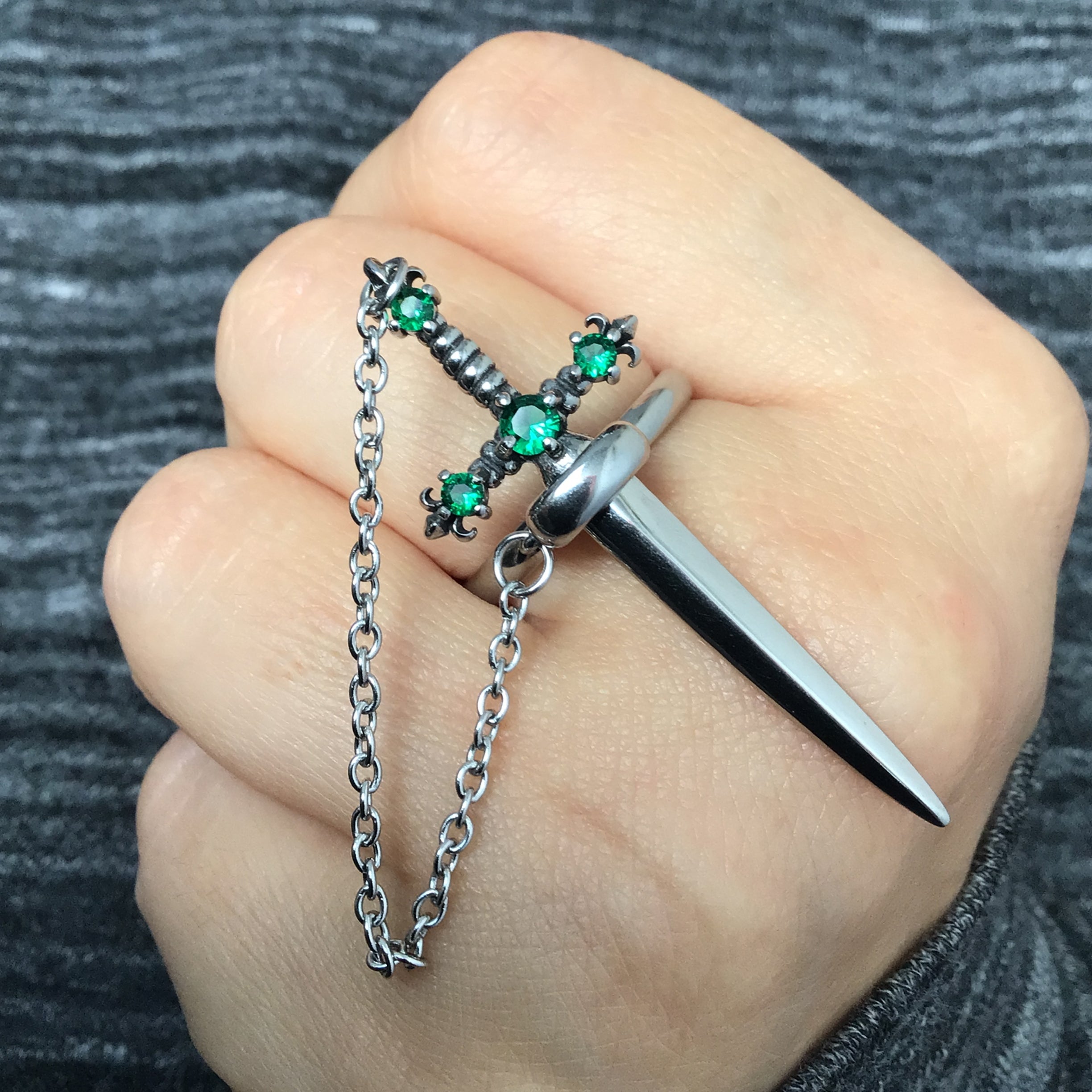 Fleur Sword ring with Emerald CZ stones