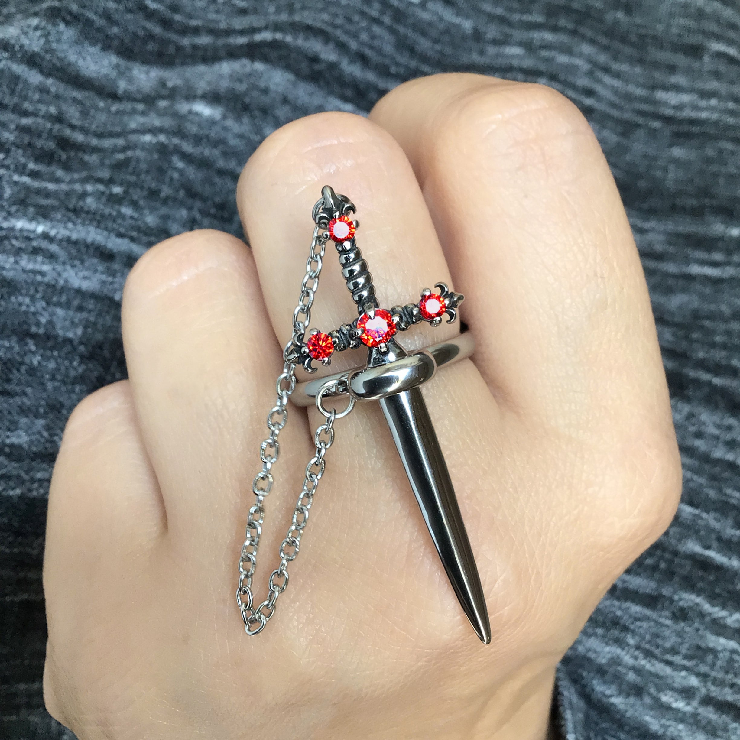 Fleur Sword ring with Ruby CZ stones