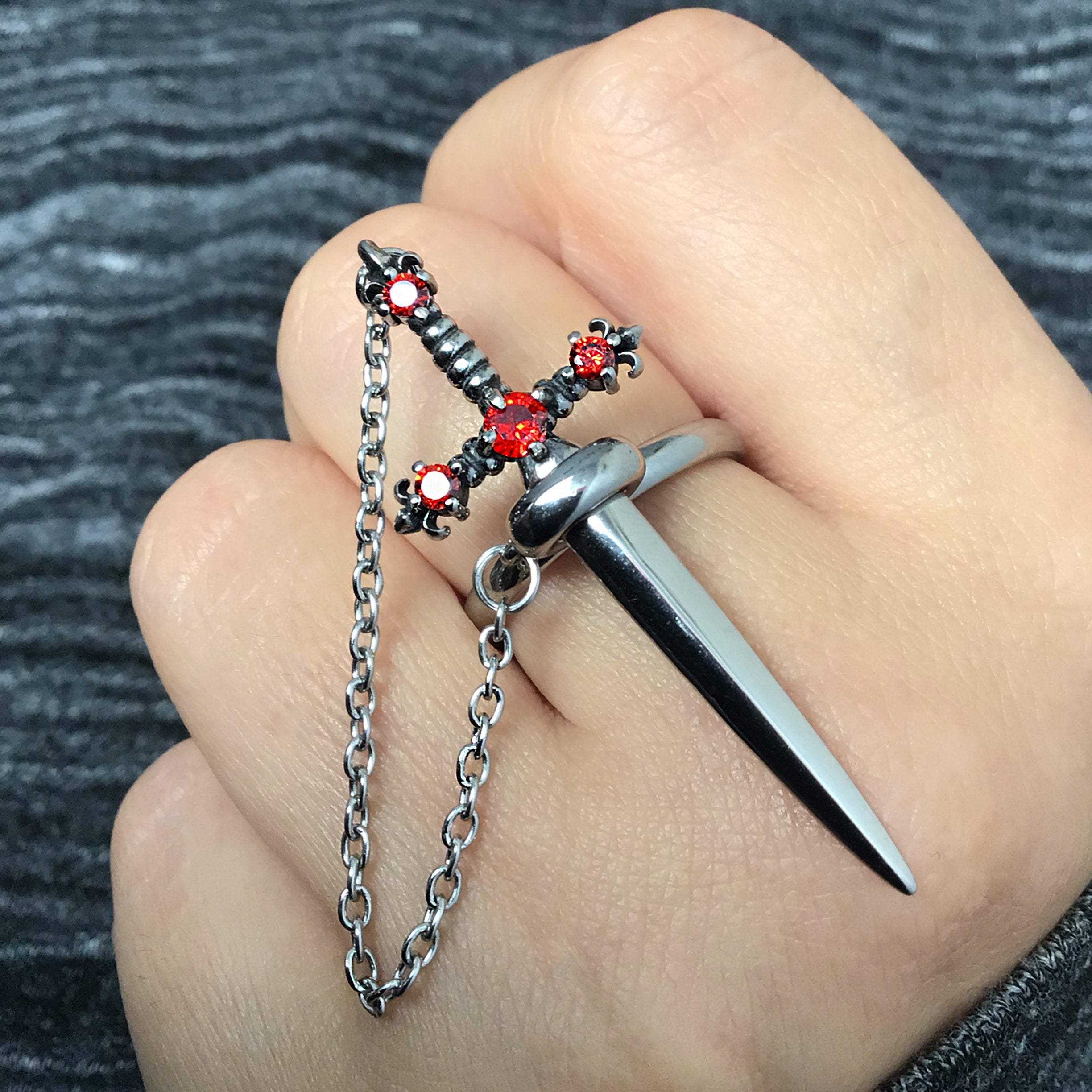 Fleur Sword ring with Ruby CZ stones