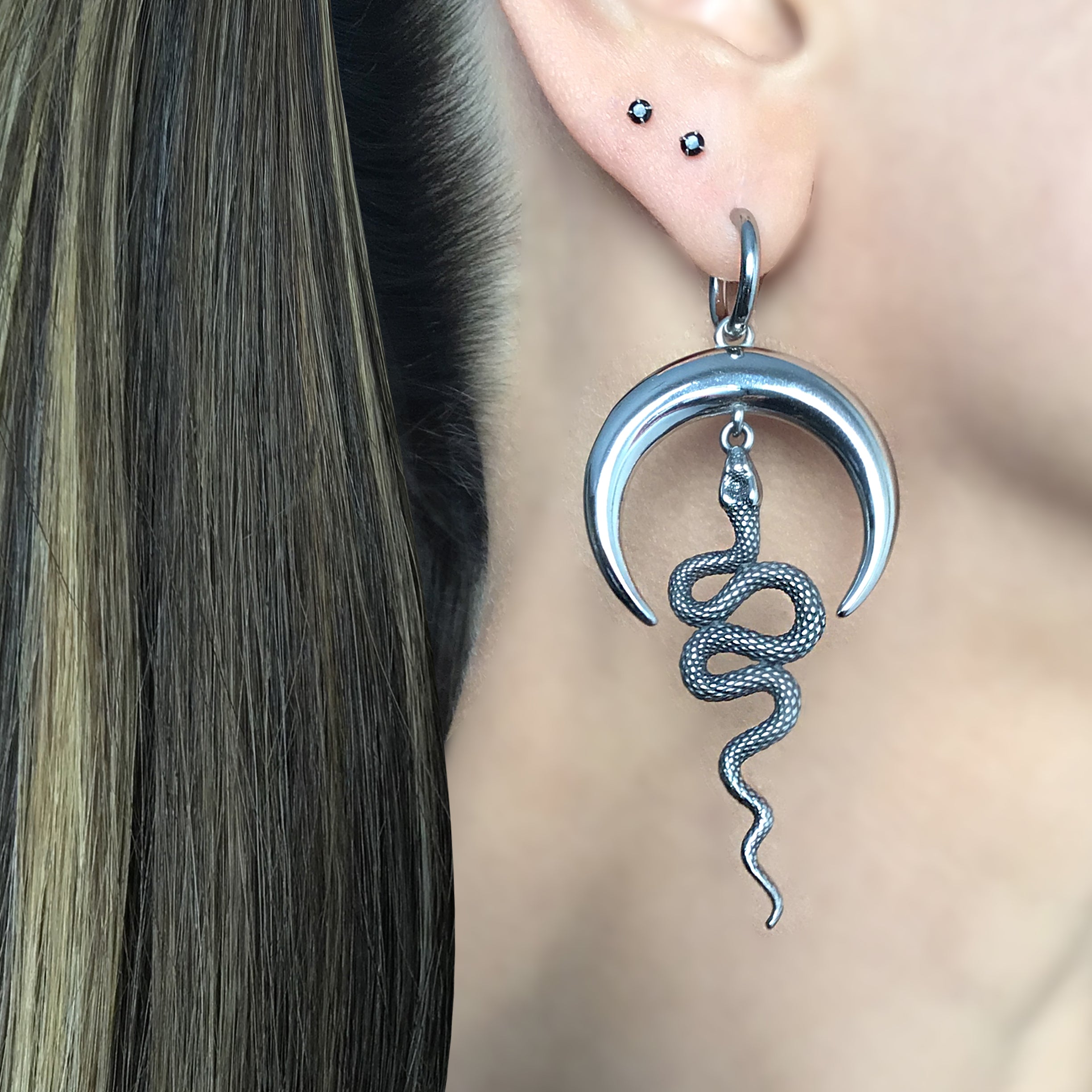 Moon and Snake hoop earrings in Black