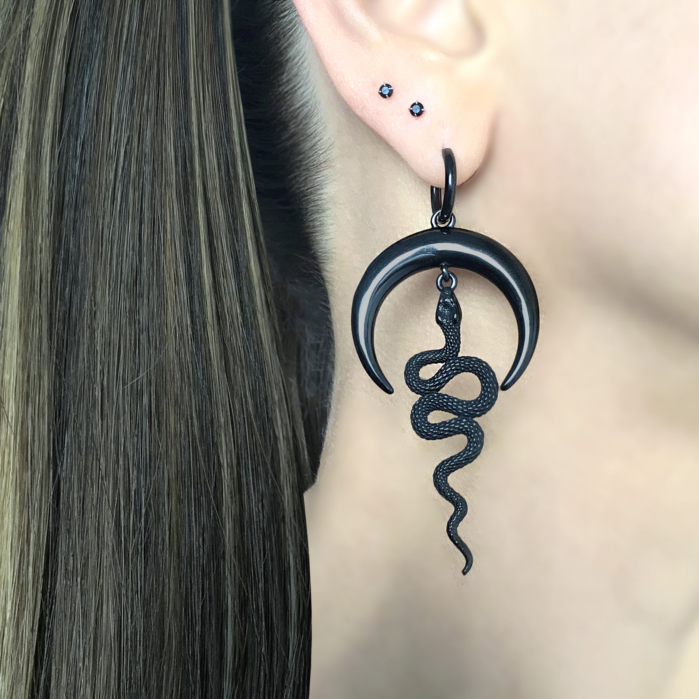 Moon and Snake hoop earrings in Black