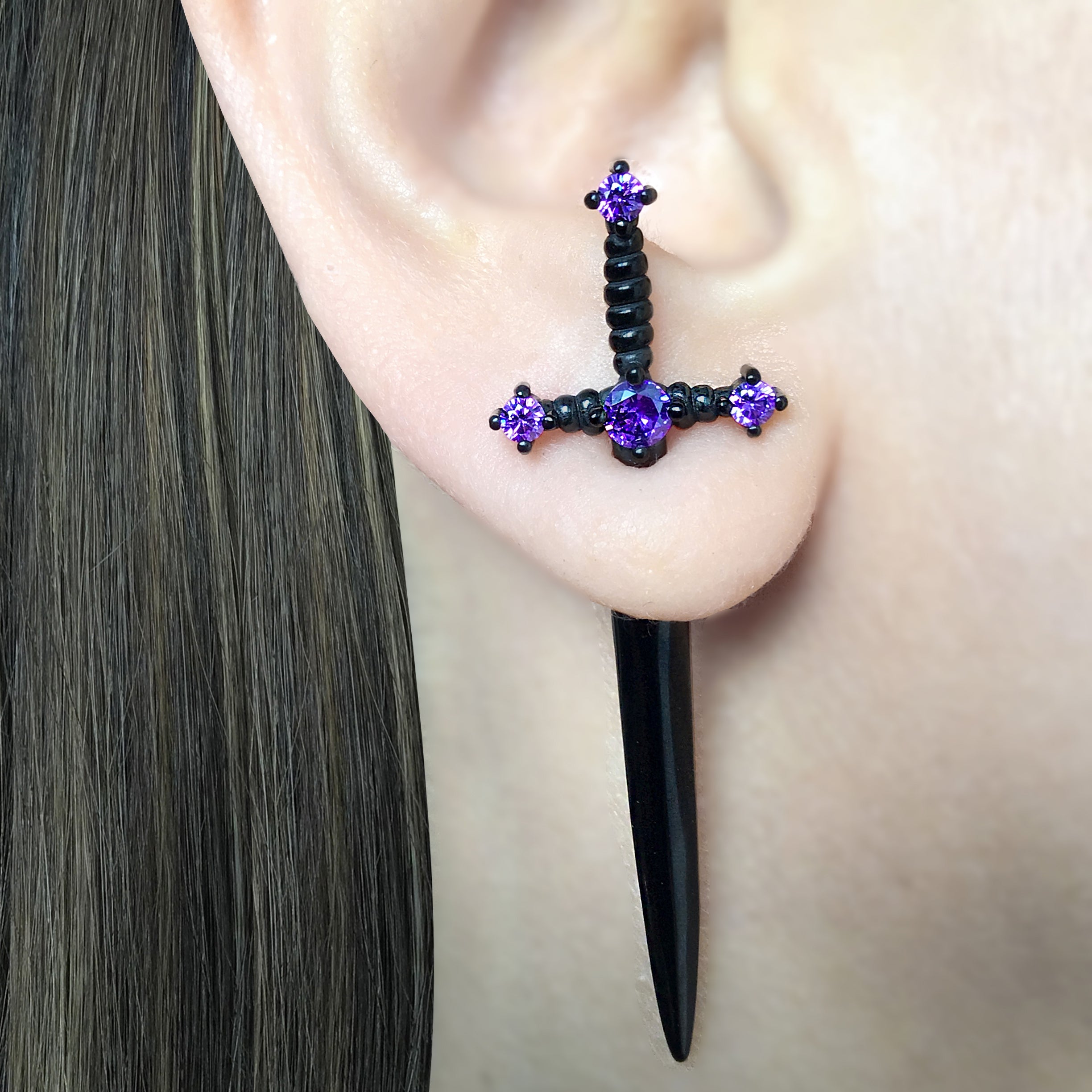 Kali black sword ear jacket with Black CZ stones