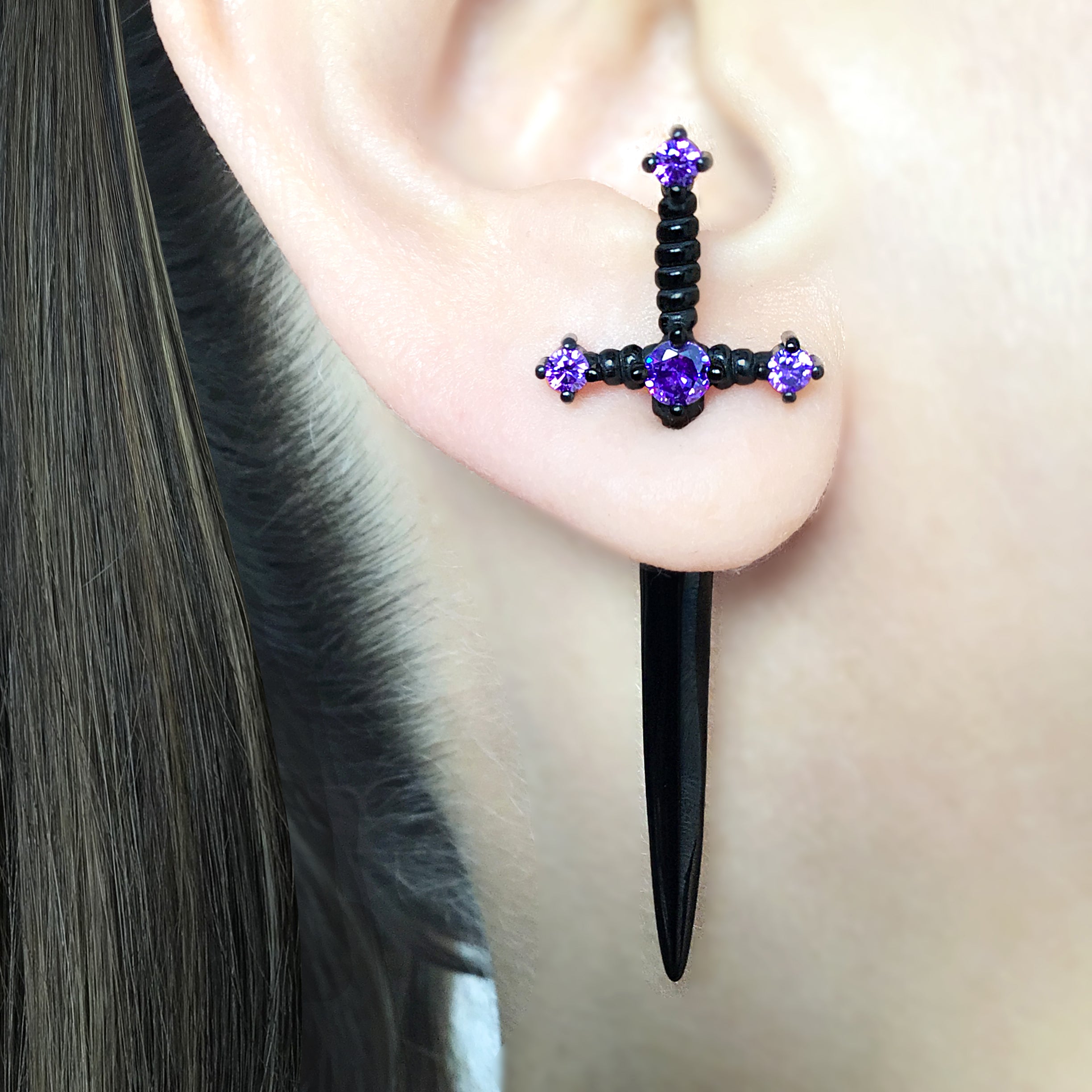 Kali black sword ear jacket with Emerald green CZ