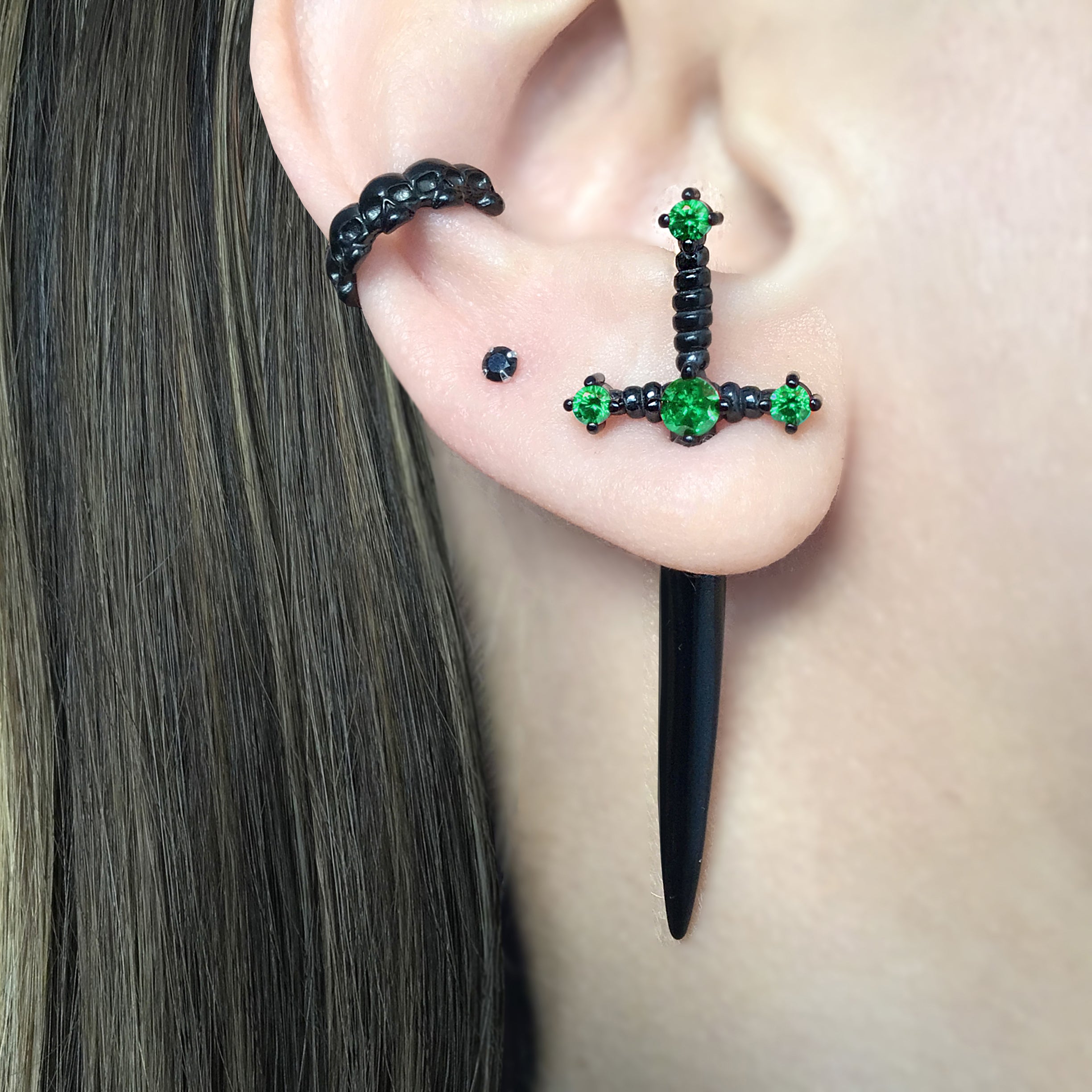 Kali black sword ear jacket with Emerald green CZ