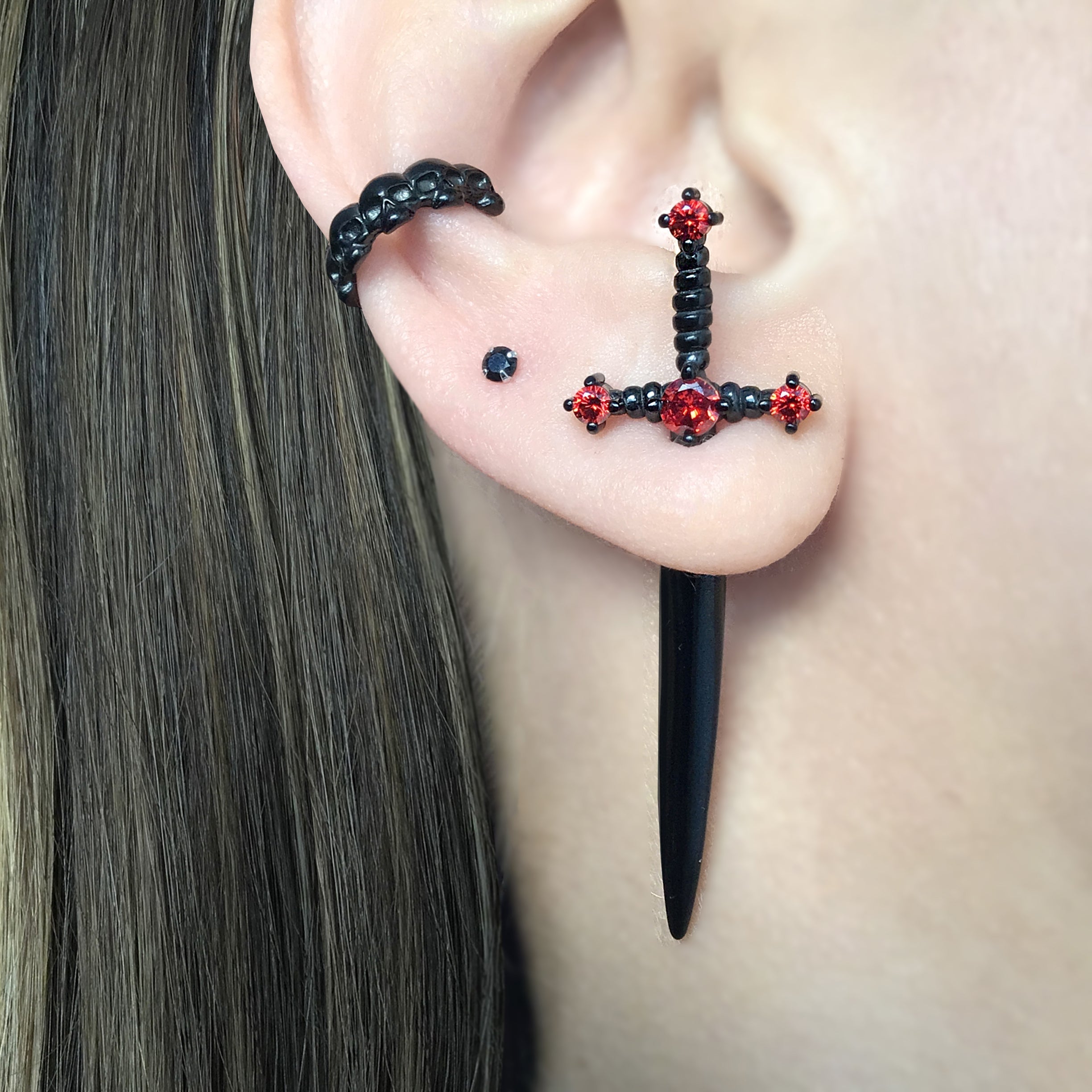 Kali black sword ear jacket with Ruby Red CZ