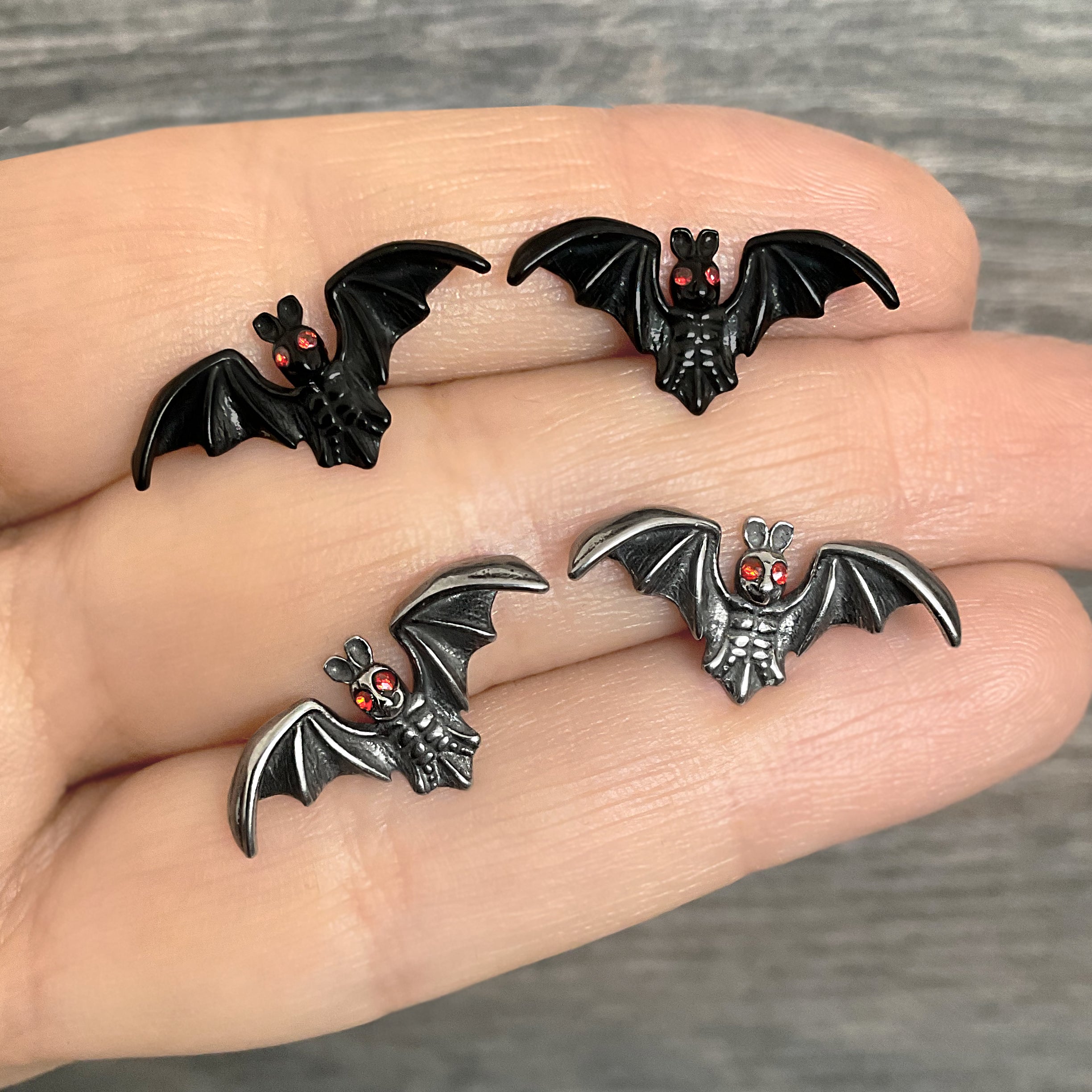 Gothic Bat Stud Earrings with Red CZ Eyes