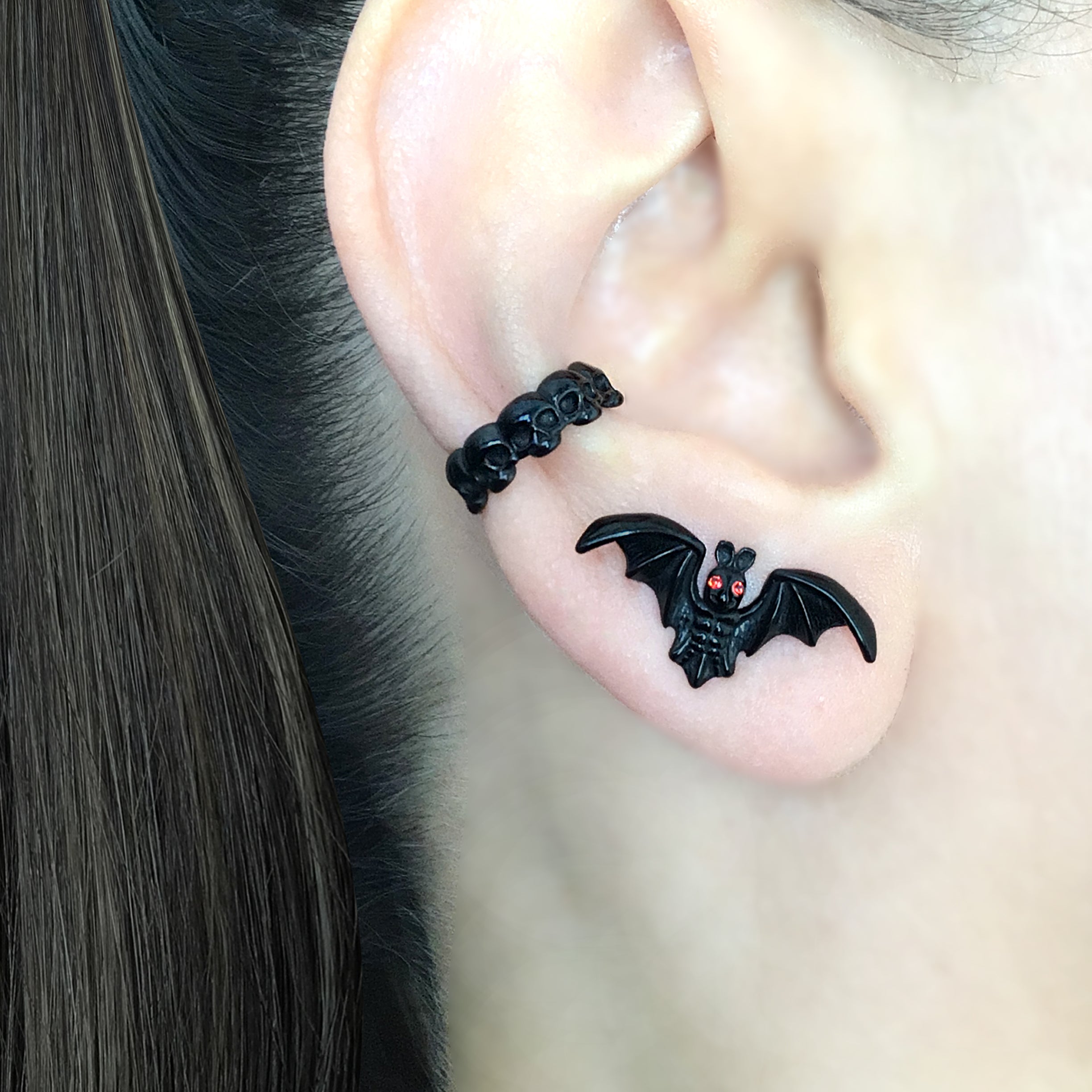 Gothic Bat Stud Earrings with Red CZ Eyes