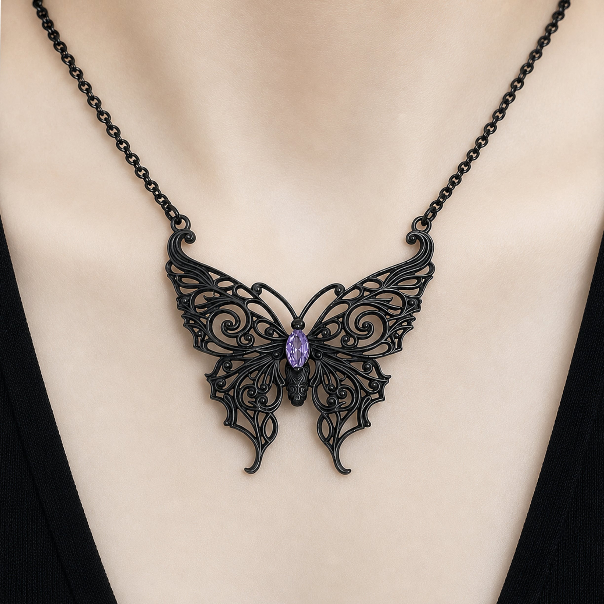 Victorian Lace Butterfly necklace with Purple stone
