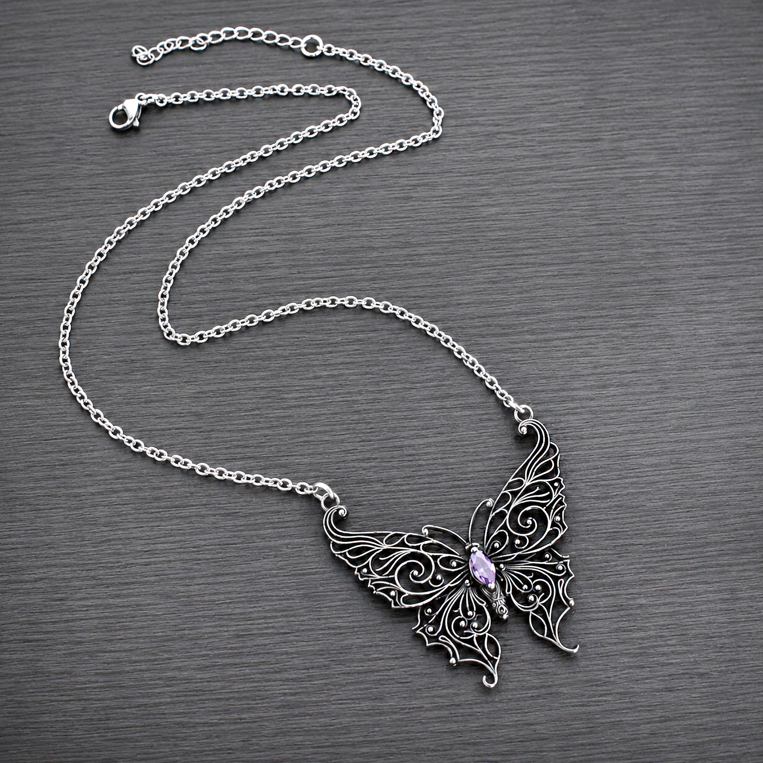 Victorian Lace Butterfly necklace with Purple stone