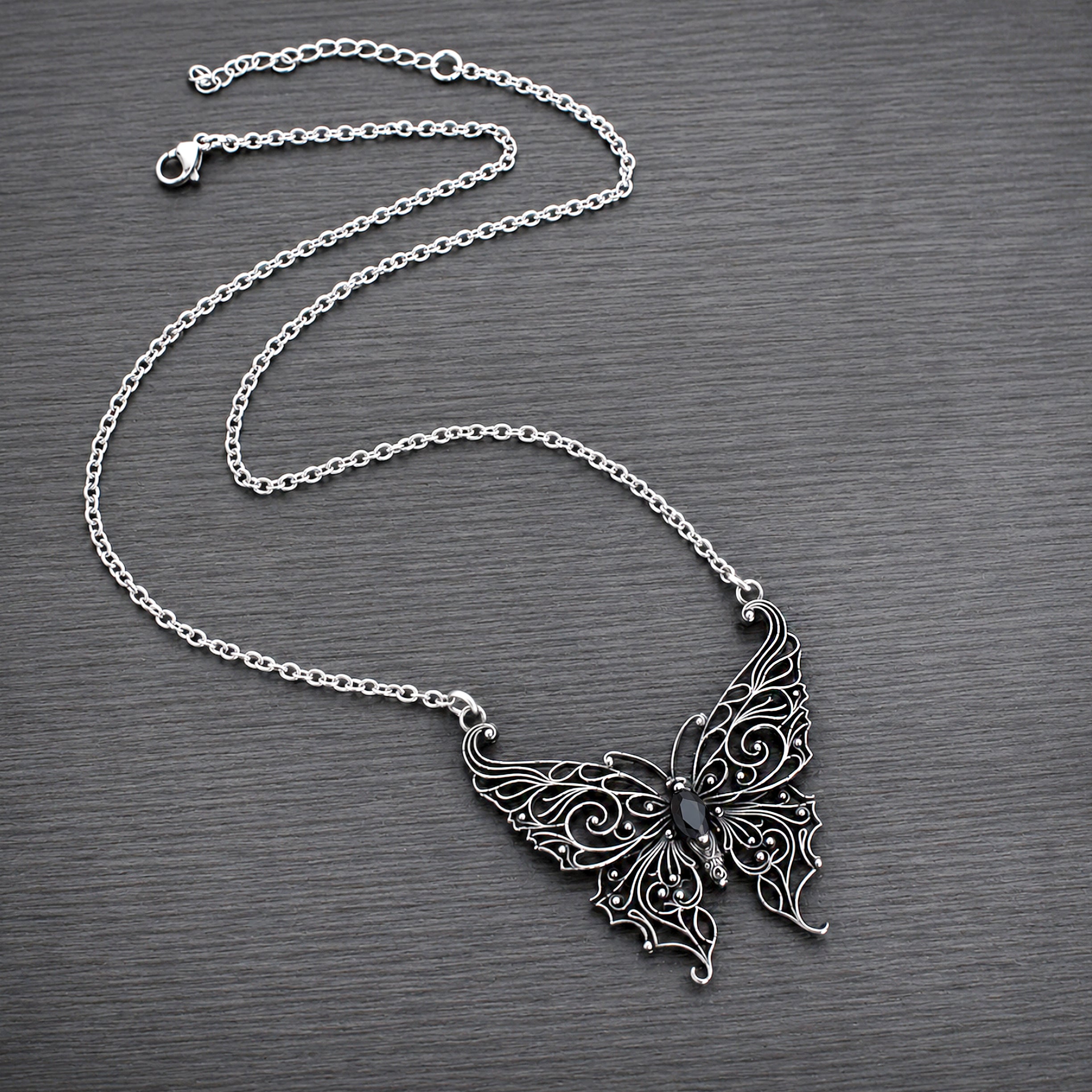 Victorian Lace Butterfly necklace with Black stone