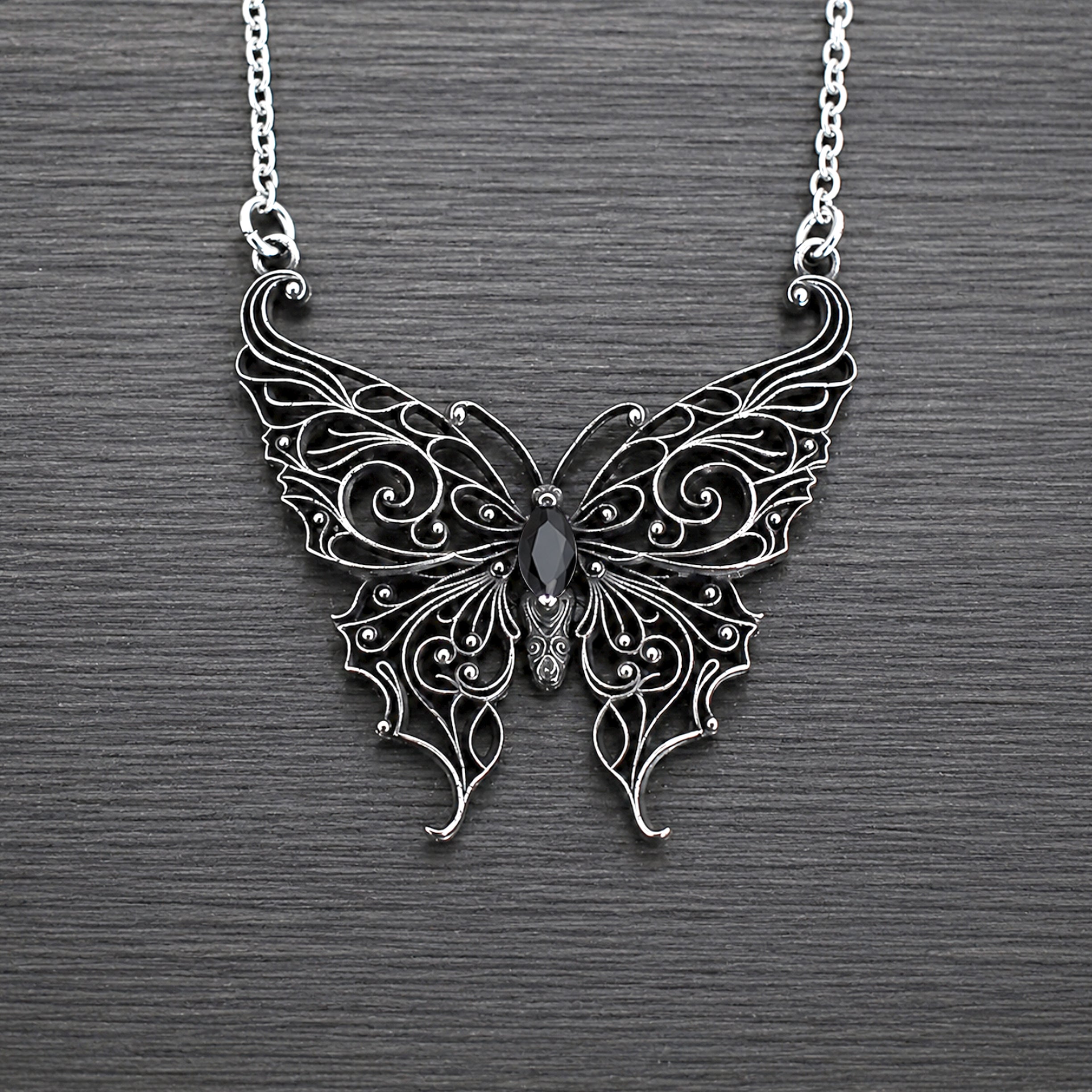 Victorian Lace Butterfly necklace with Black stone