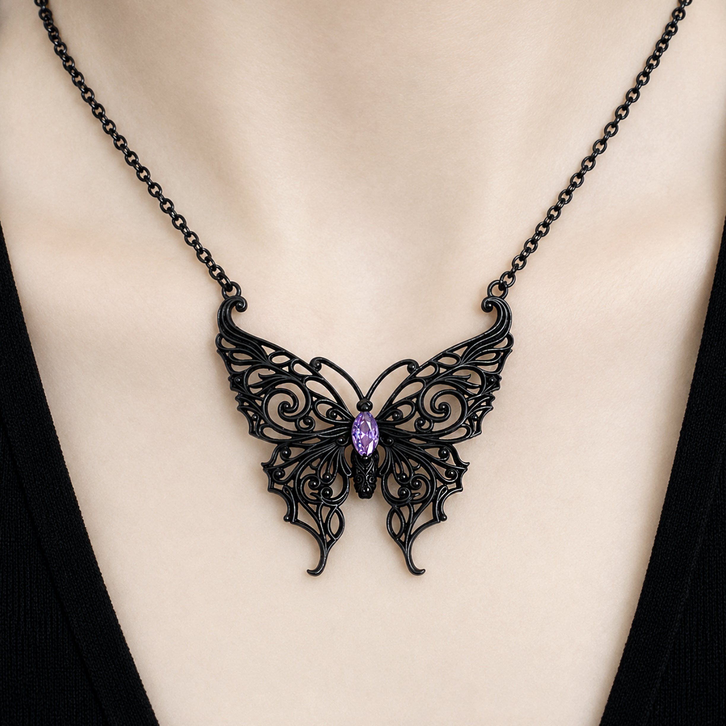 Victorian Lace Butterfly necklace with Purple stone