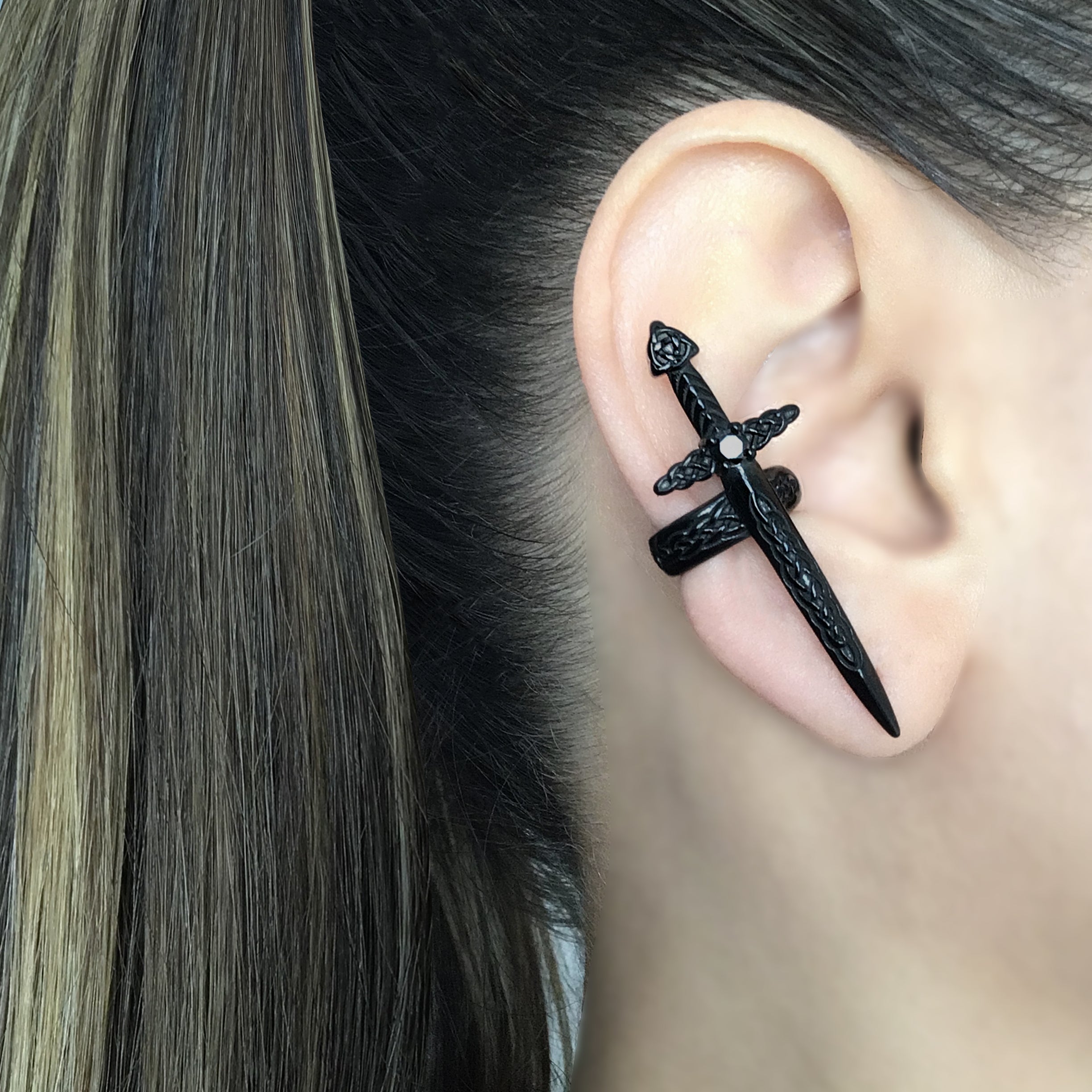 Celtic Sword ear cuff with CZ stone in Black