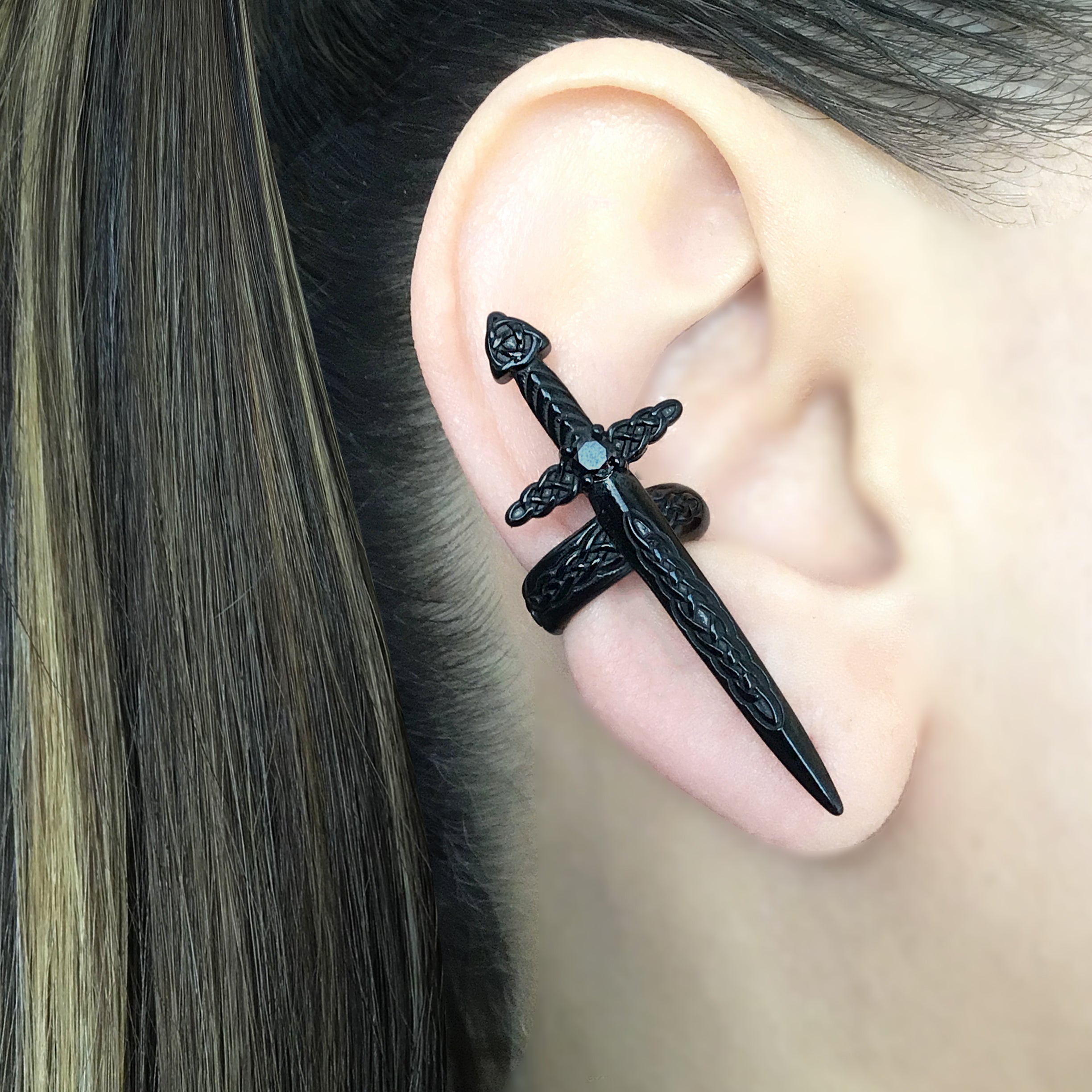 Celtic Sword ear cuff with CZ stone in Black