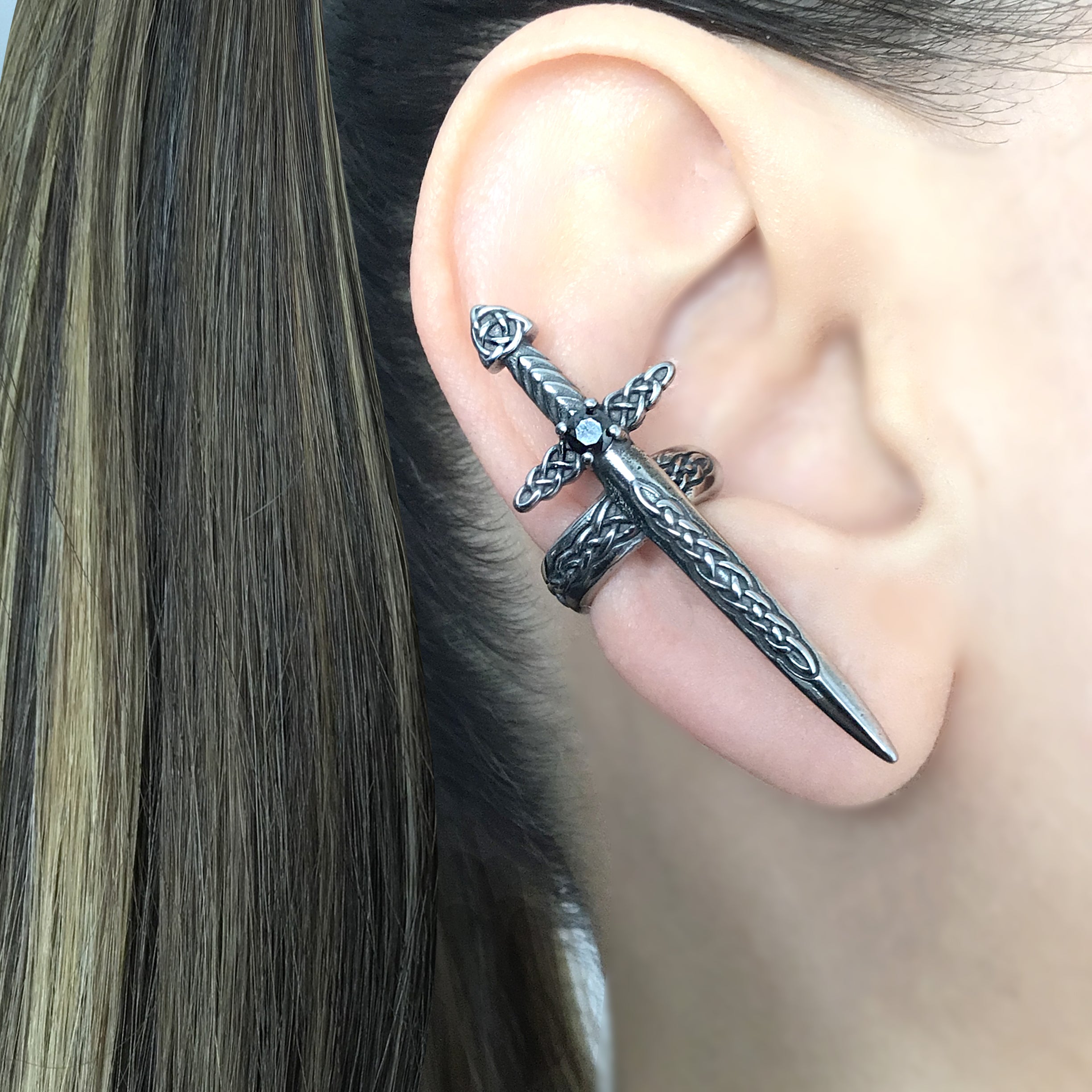 Celtic Sword ear cuff with CZ stone in Black