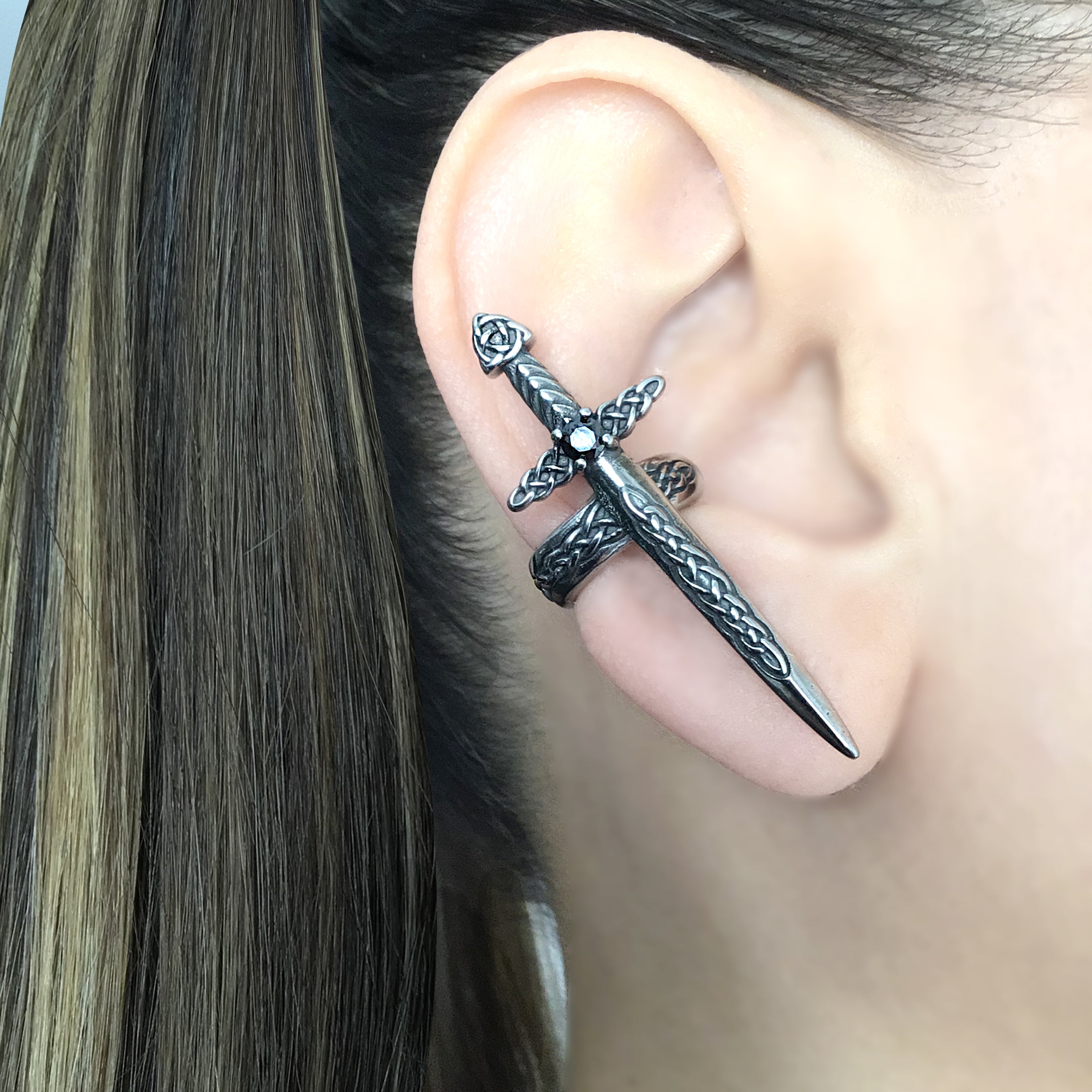 Celtic Sword ear cuff with CZ stone in Black