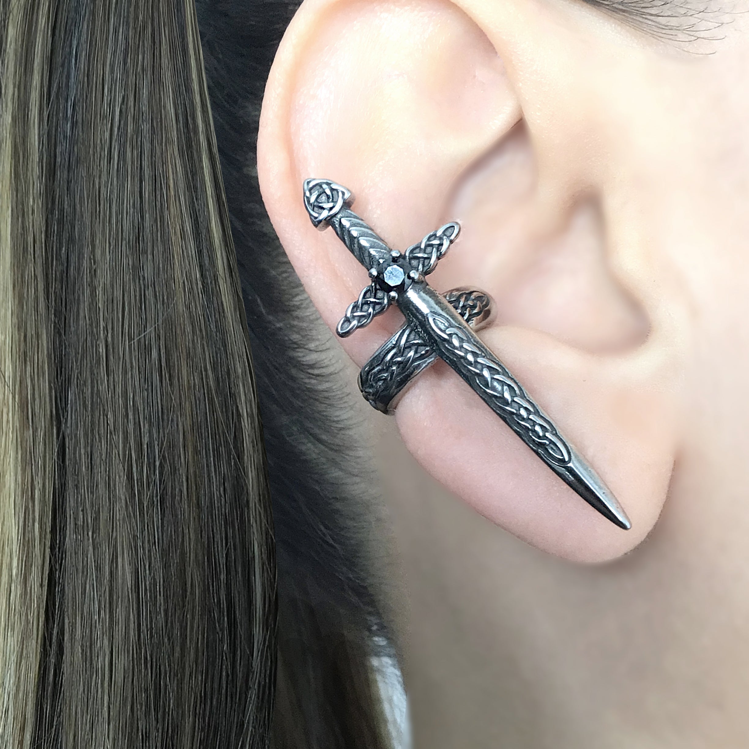 Celtic Sword ear cuff with CZ stone in Black