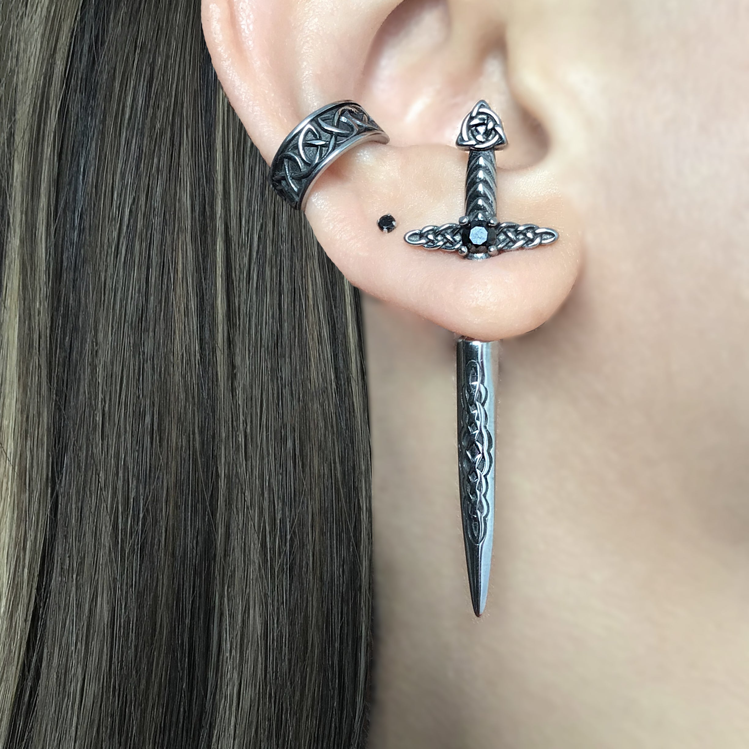 Kira Celtic Sword ear jacket with CZ in Silver