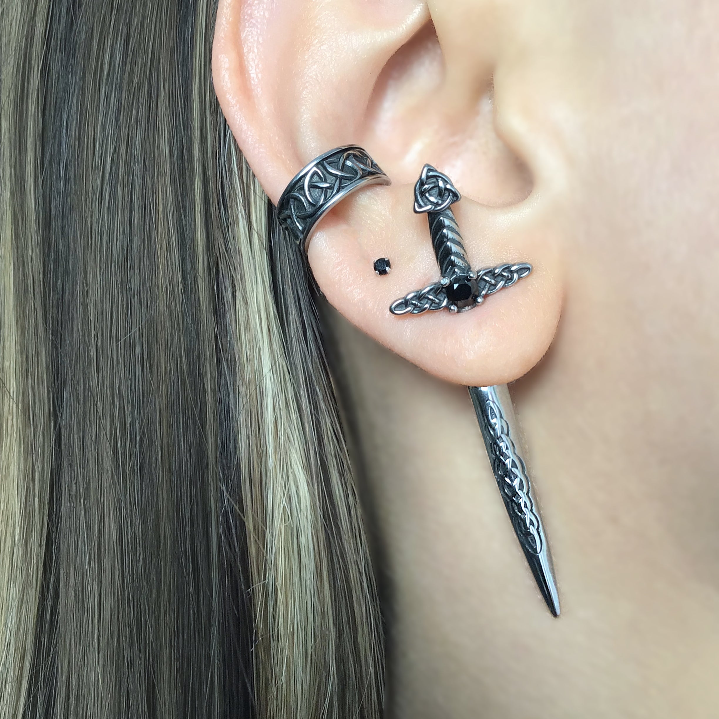 Kira Celtic Sword ear jacket with CZ in Silver