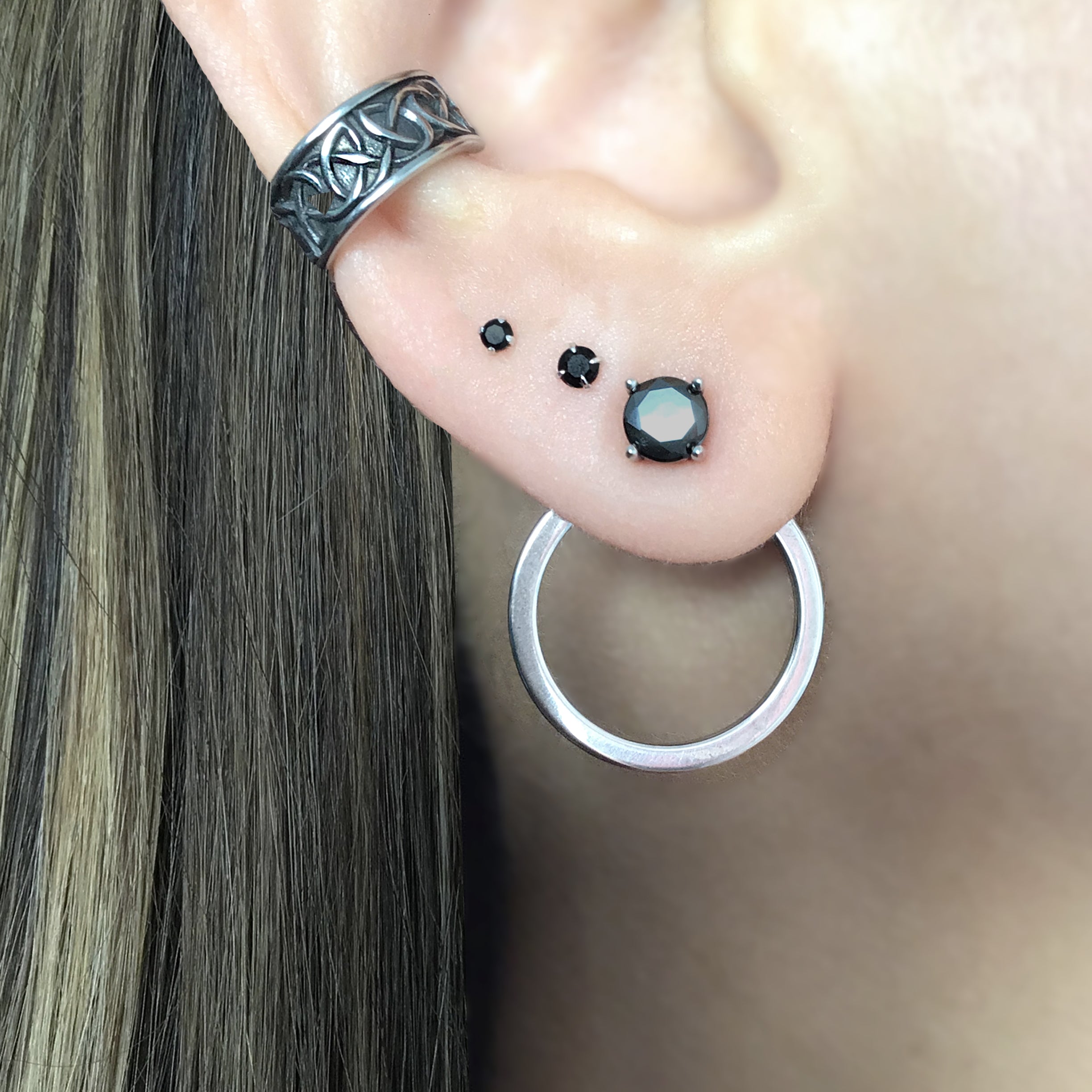 Circle with CZ Stud ear jacket in Black